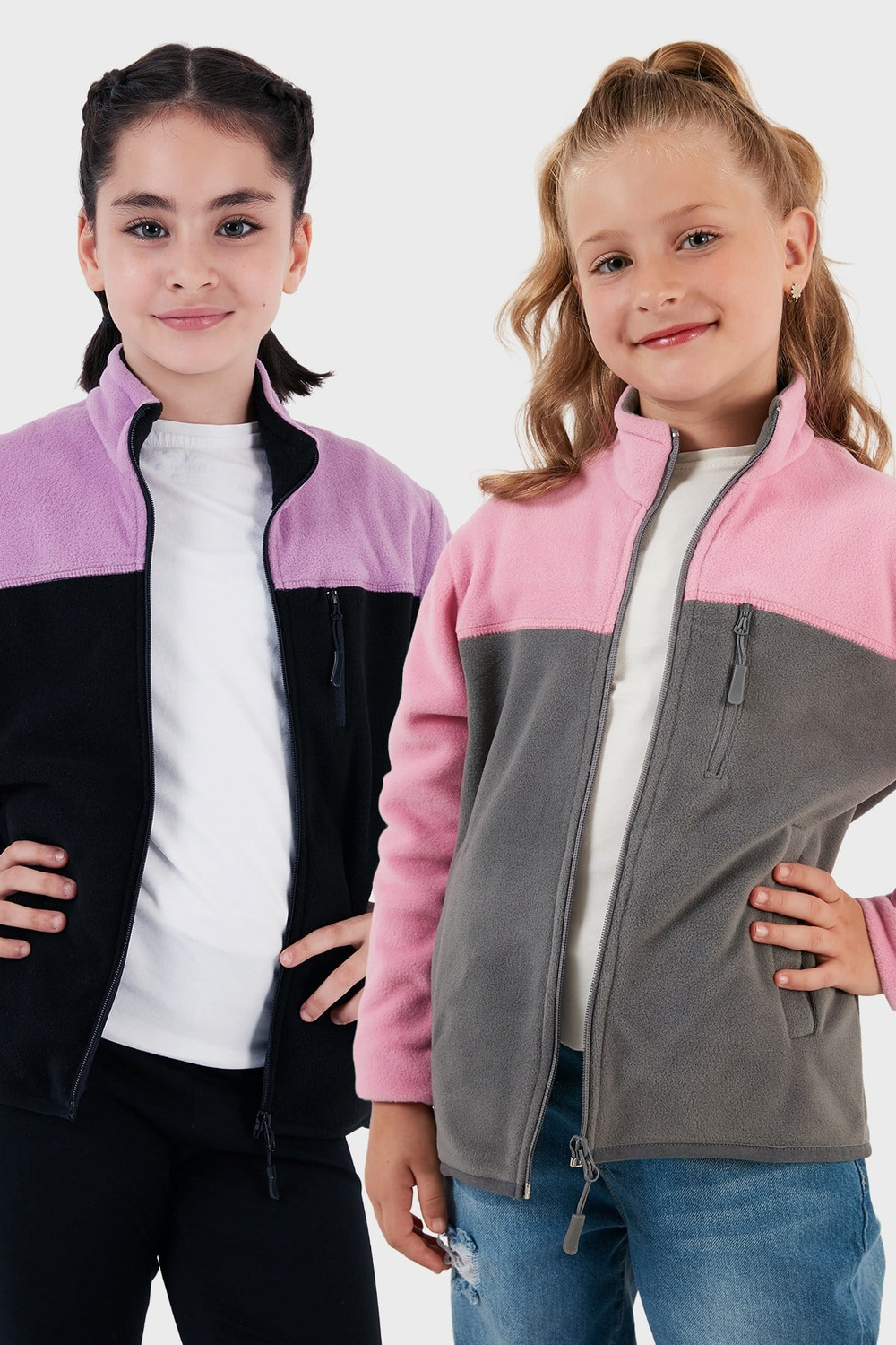 Yumuşak Dokulu Fermuarlı Renk Bloklu Dik Yaka Cepli 2li Paket Hırka Çocuk Polar 5905001S2 Lila Siyah-Şeker Pembe Gri