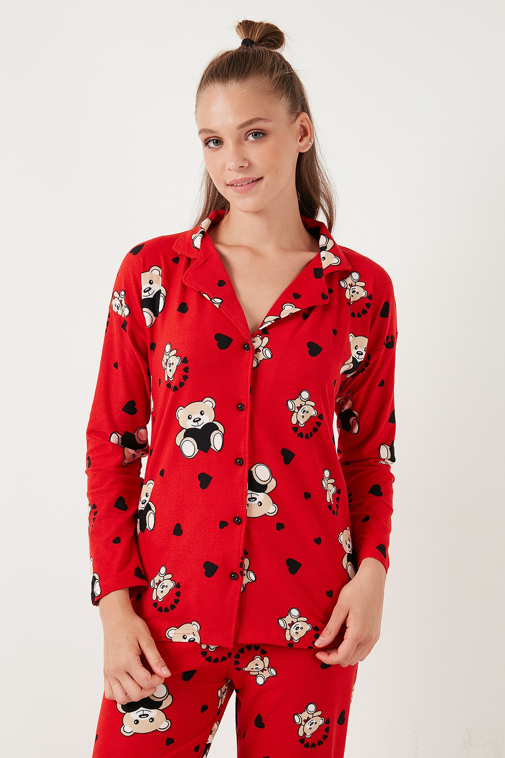 Yumuşak Dokulu Standart Fit Ayıcık Desenli Uzun Kollu Rahat Kadın Pijama Takımı 60956602 KIRMIZI