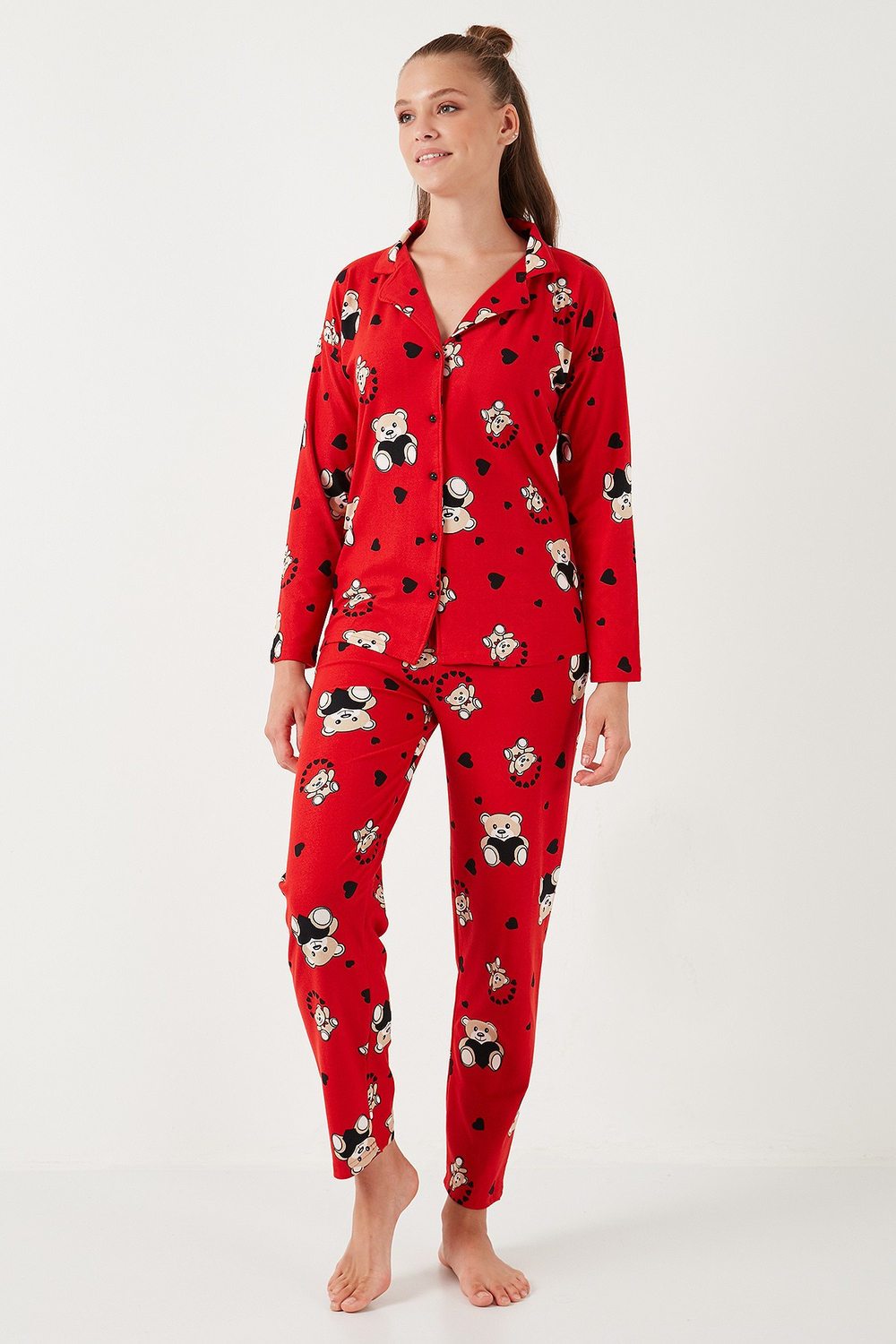 Yumuşak Dokulu Standart Fit Ayıcık Desenli Uzun Kollu Rahat Kadın Pijama Takımı 60956602 KIRMIZI