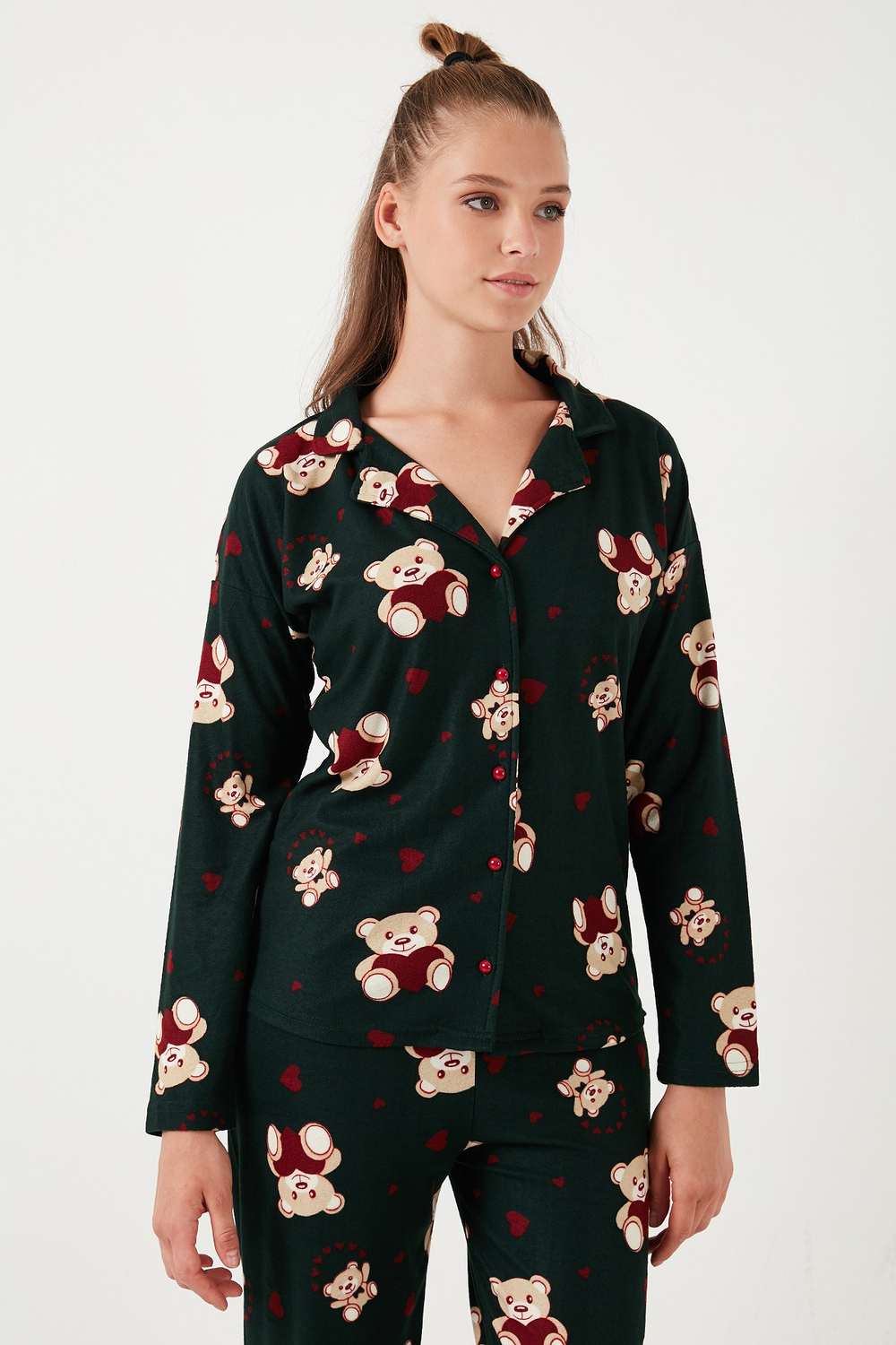 Yumuşak Dokulu Standart Fit Ayıcık Desenli Uzun Kollu Rahat Kadın Pijama Takımı 60956602 YEŞİL