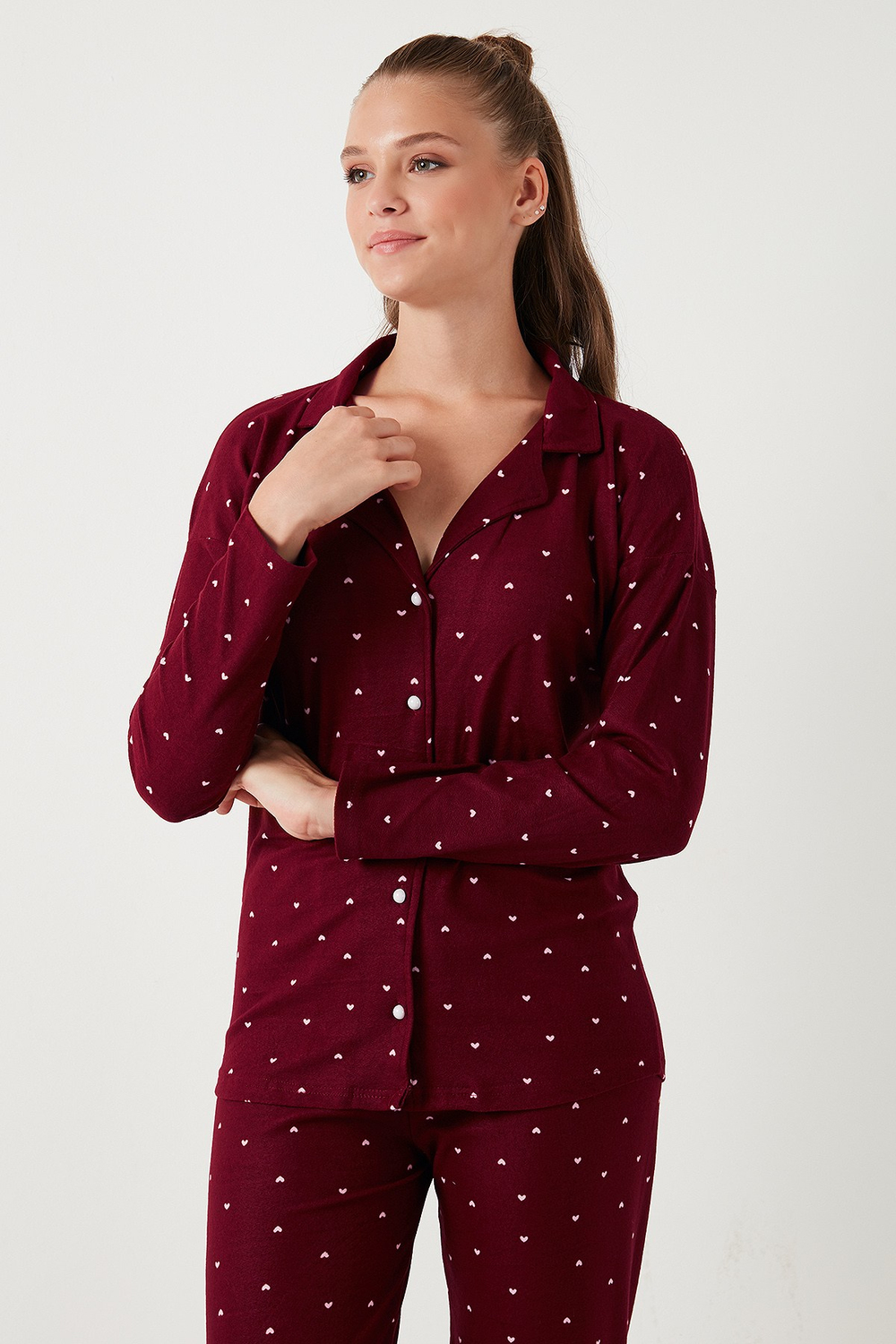 Yumuşak Dokulu Standart Fit Düğmeli Uzun Kollu Kışlık Kadın Pijama Takımı 60956601 BORDO