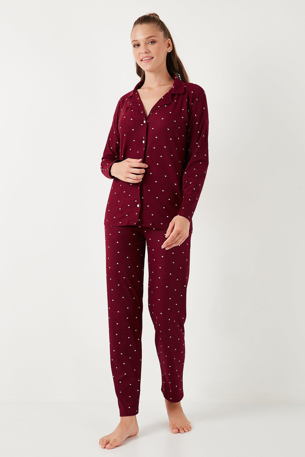 Yumuşak Dokulu Standart Fit Düğmeli Uzun Kollu Kışlık Kadın Pijama Takımı 60956601 BORDO