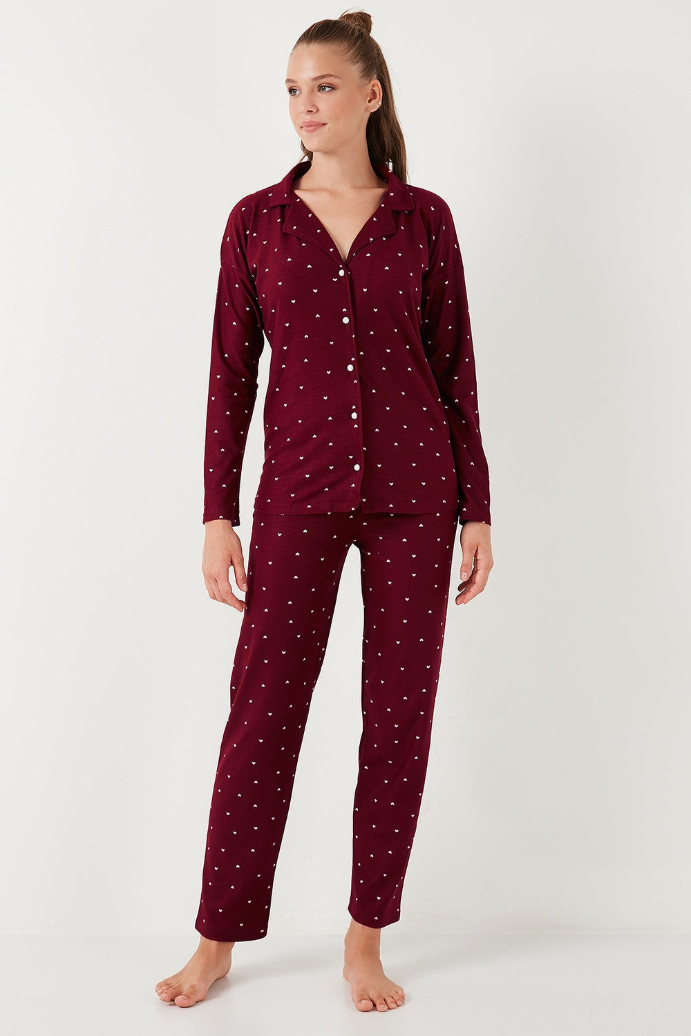 Yumuşak Dokulu Standart Fit Düğmeli Uzun Kollu Kışlık Kadın Pijama Takımı 60956601 BORDO