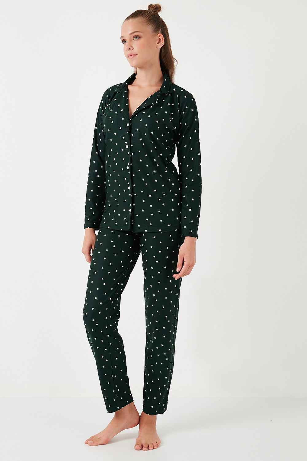 Yumuşak Dokulu Standart Fit Düğmeli Uzun Kollu Kışlık Kadın Pijama Takımı 60956601 YEŞİL