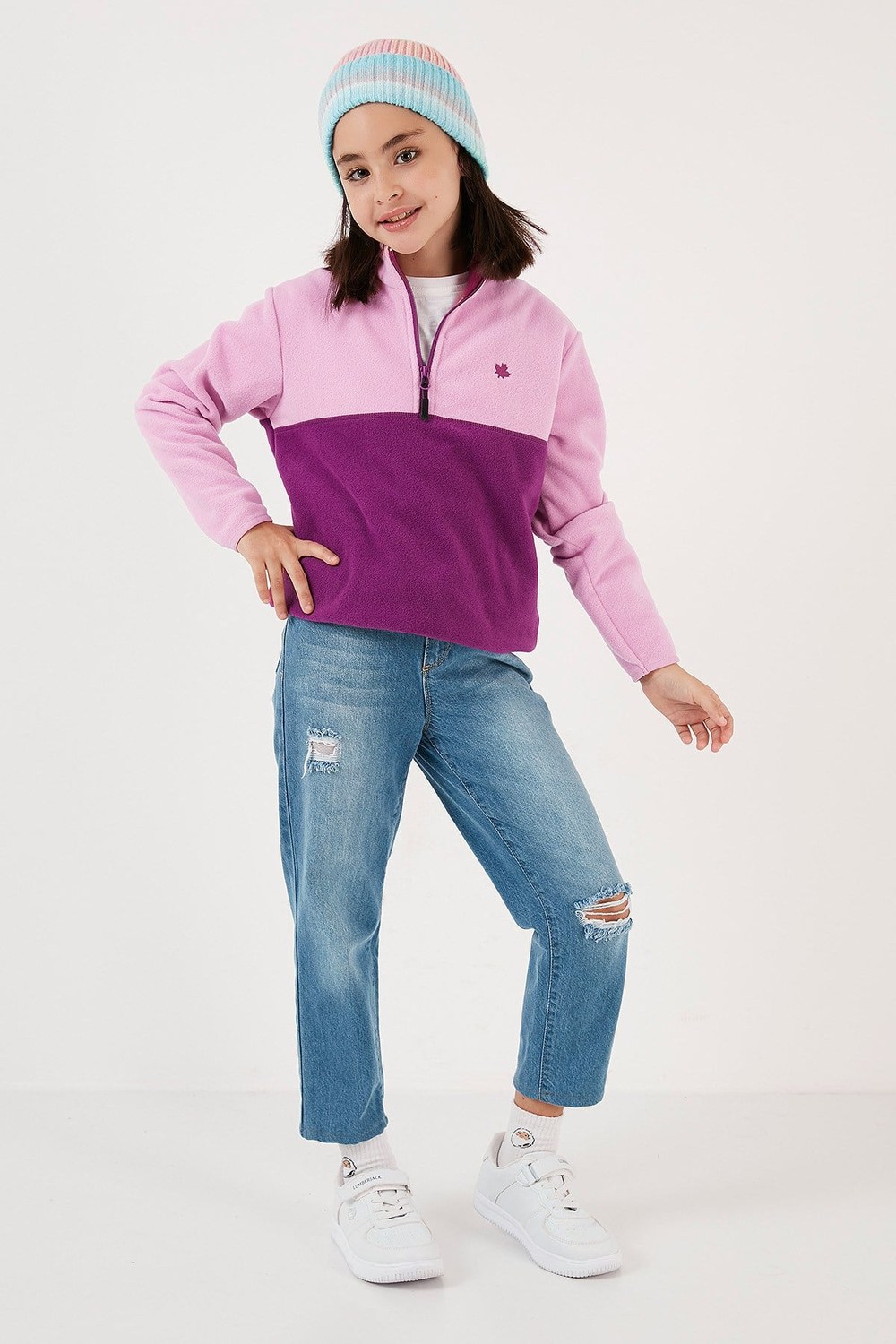 Yumuşak Dokulu Yarım Fermuarlı Renk Bloklu Dik Yaka Unisex Çocuk Polar 5905004 Şeker Pembe-Mor