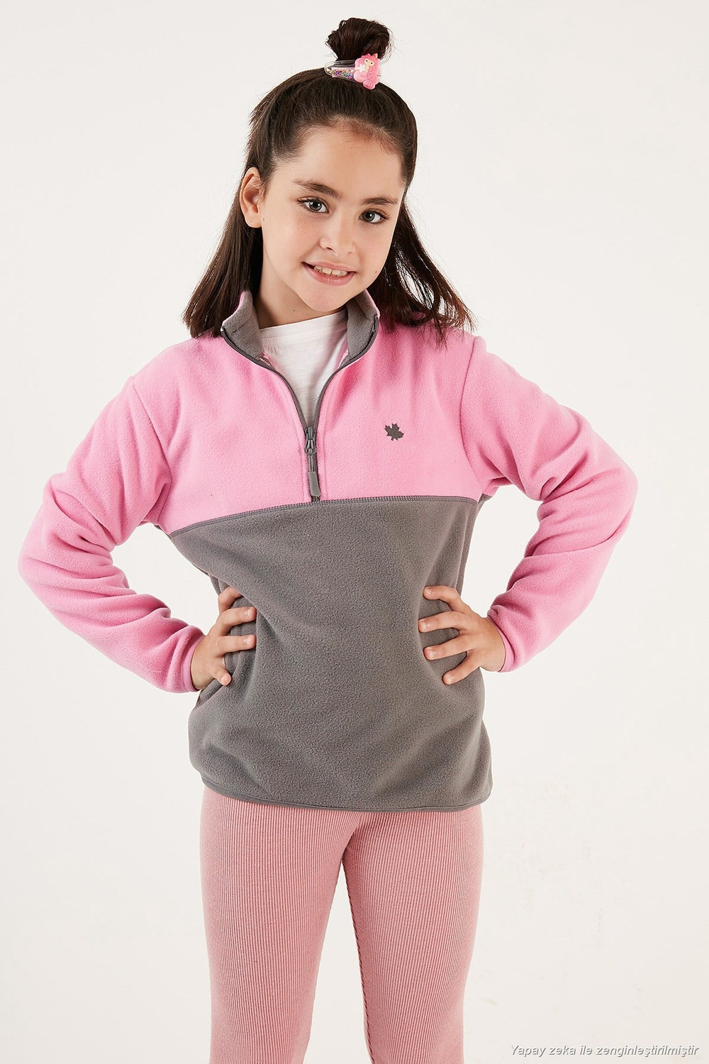 Yumuşak Dokulu Yarım Fermuarlı Renk Bloklu Dik Yaka Unisex Çocuk 2li Paket Polar 5905004S2 Lila Siyah-Şeker Pembe Gri