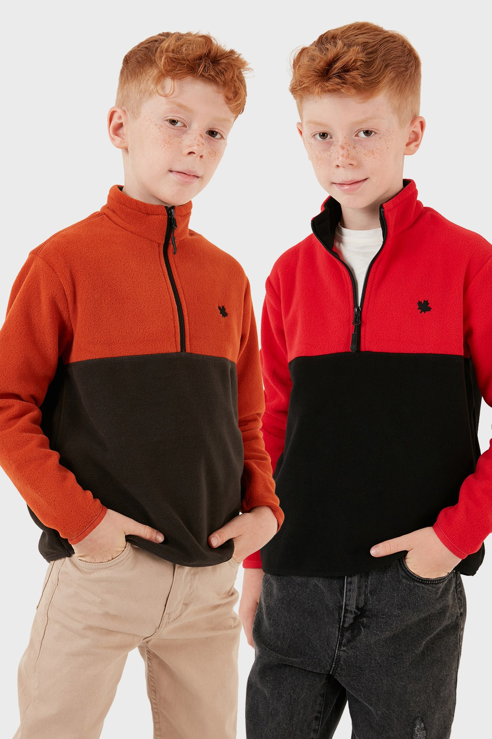 Yumuşak Dokulu Yarım Fermuarlı Renk Bloklu Dik Yaka Unisex Çocuk 2li Paket Polar 5905004S2 Kırmızı Siyah-Orange Antrasit