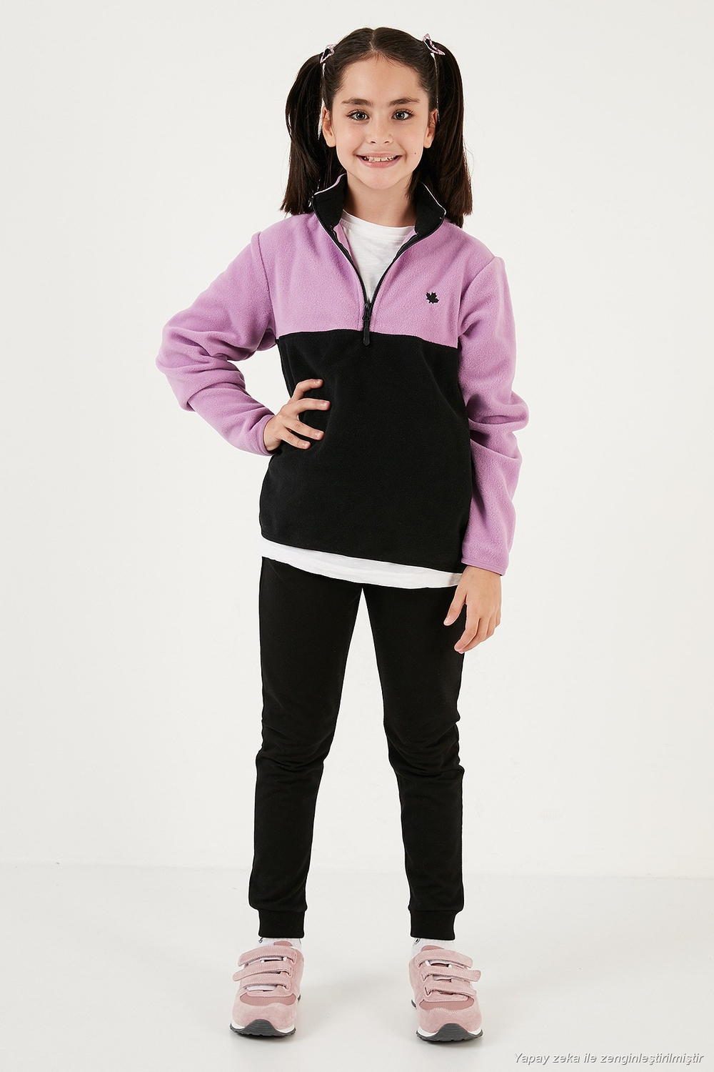 Yumuşak Dokulu Yarım Fermuarlı Renk Bloklu Dik Yaka Unisex Çocuk 2li Paket Polar 5905004S2 Lila Siyah-Somon Gri