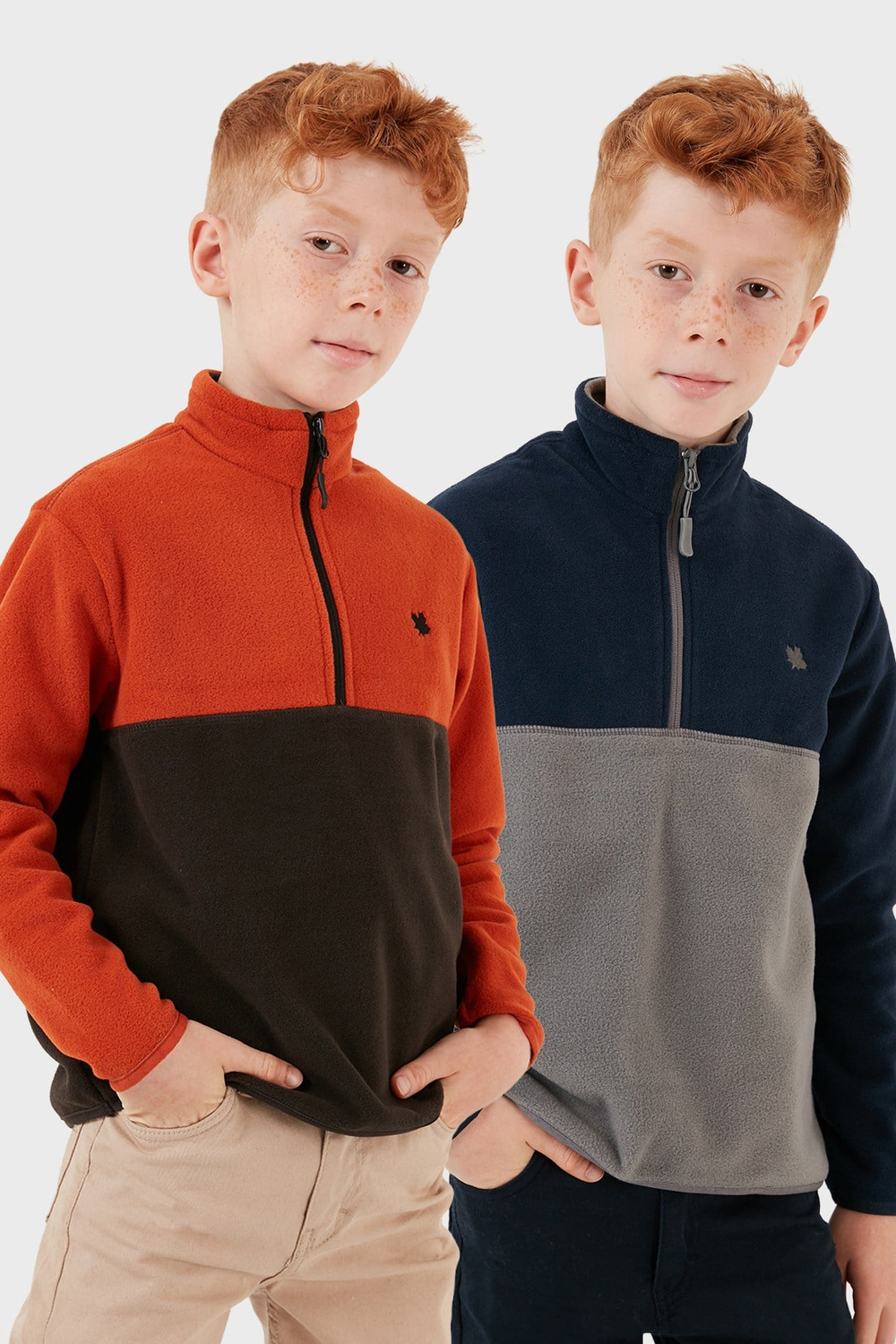 Yumuşak Dokulu Yarım Fermuarlı Renk Bloklu Dik Yaka Unisex Çocuk 2li Paket Polar 5905004S2 Lacivert Gri-Orange Antrasit