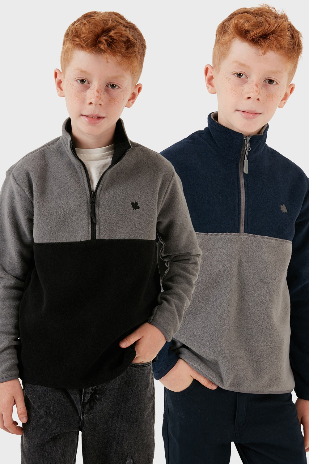 Yumuşak Dokulu Yarım Fermuarlı Renk Bloklu Dik Yaka Unisex Çocuk 2li Paket Polar 5905004S2 Gri Siyah-Lacivert Gri