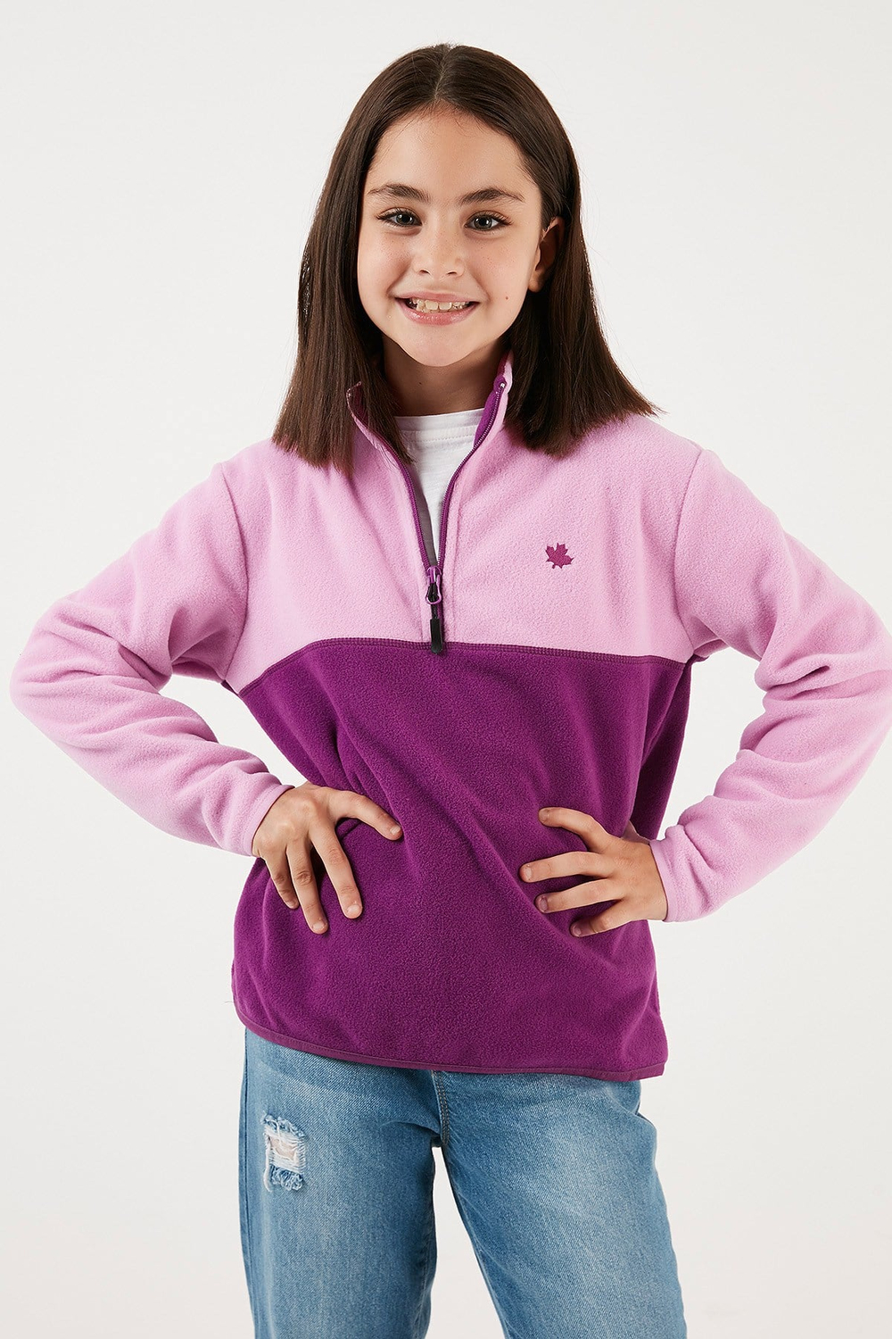 Yumuşak Dokulu Yarım Fermuarlı Renk Bloklu Dik Yaka Unisex Çocuk Polar 5905004 Şeker Pembe-Mor