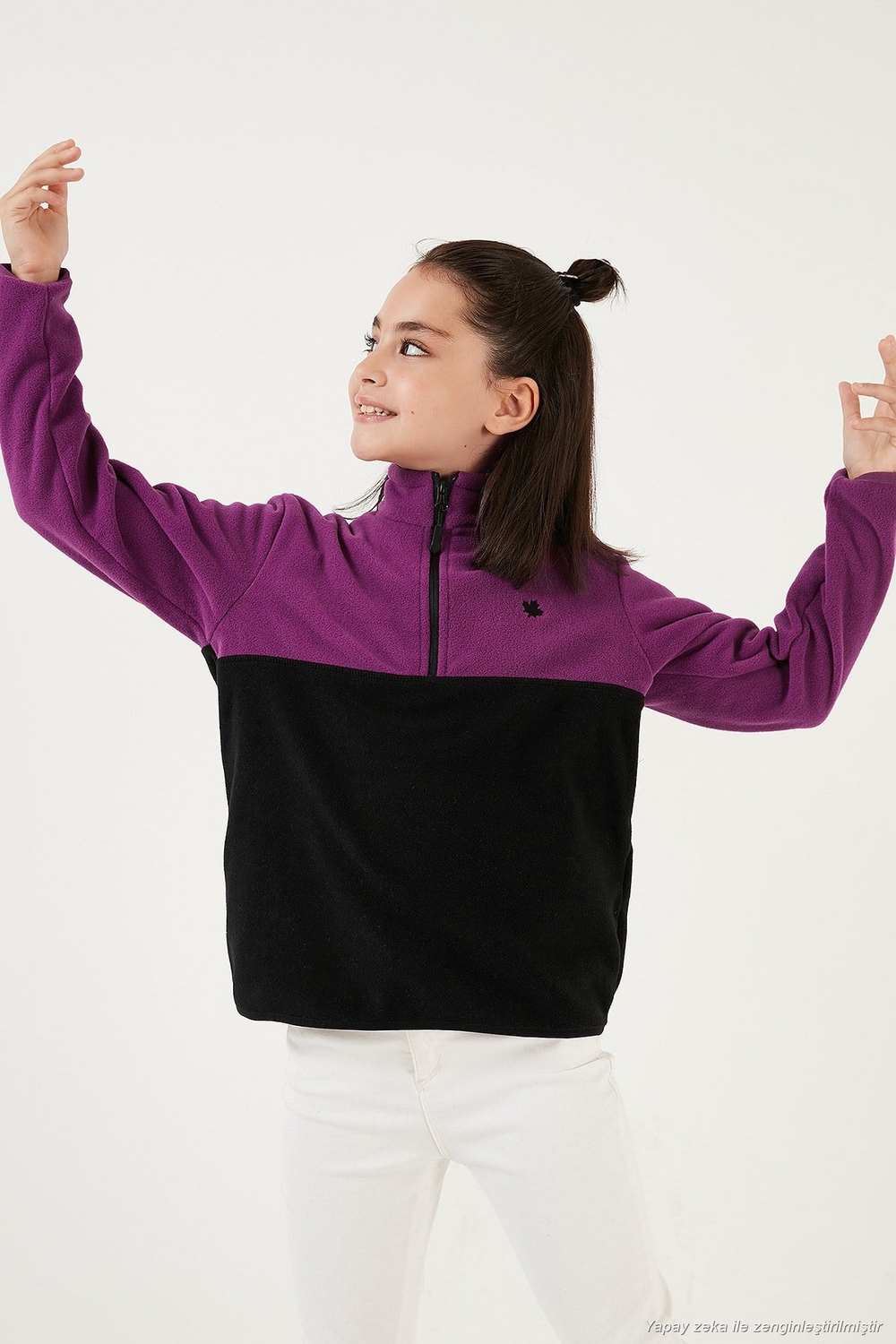 Yumuşak Dokulu Yarım Fermuarlı Renk Bloklu Dik Yaka Unisex Çocuk 2li Paket Polar 5905004S2 Mor Siyah-Somon Gri