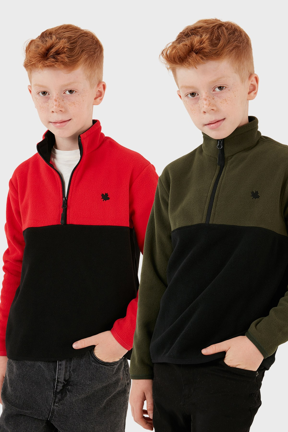 Yumuşak Dokulu Yarım Fermuarlı Renk Bloklu Dik Yaka Unisex Çocuk 2li Paket Polar 5905004S2 Haki Siyah-Kırmızı Siyah