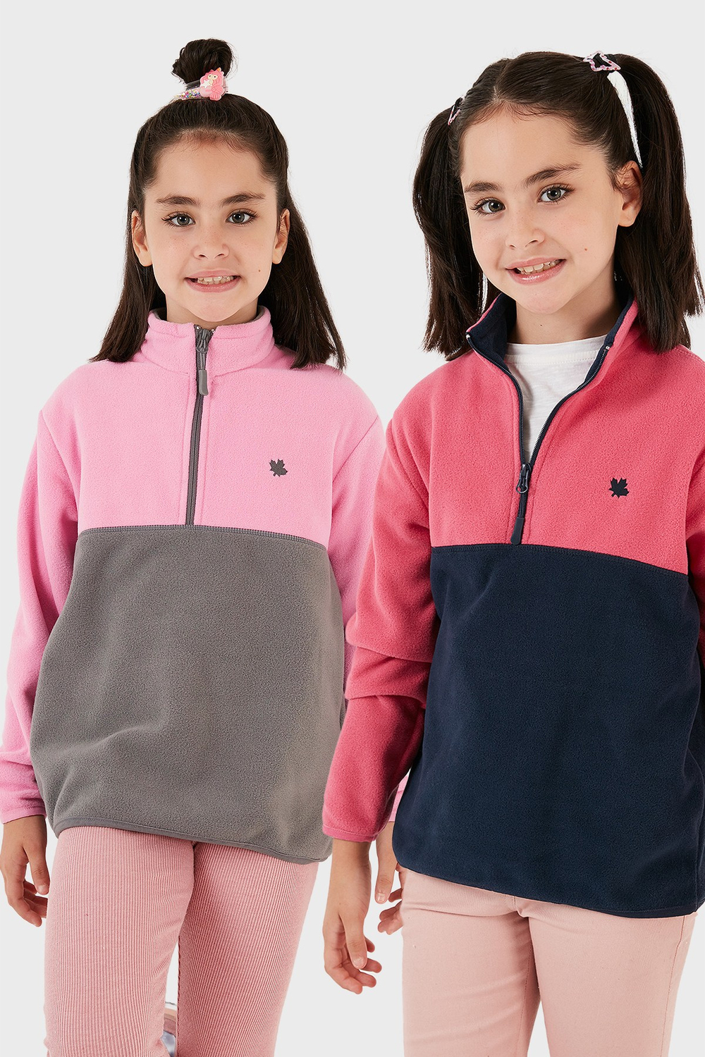 Yumuşak Dokulu Yarım Fermuarlı Renk Bloklu Dik Yaka Unisex Çocuk 2li Paket Polar 5905004S2 Fuşya Lacivert-Şeker Pembe Gri