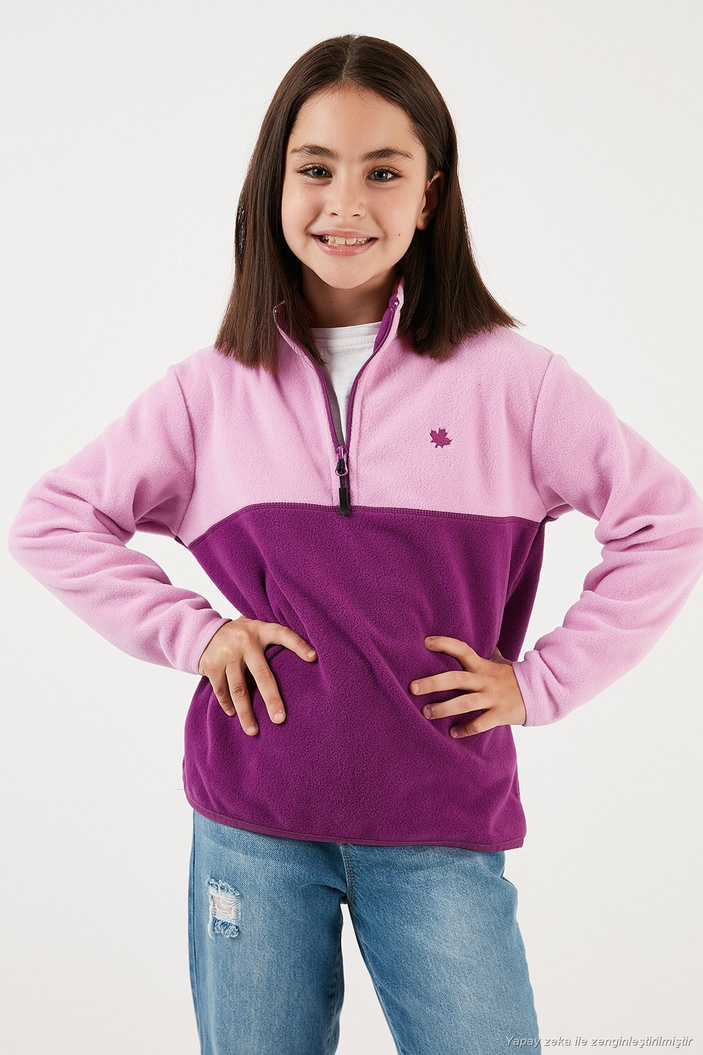 Yumuşak Dokulu Yarım Fermuarlı Renk Bloklu Dik Yaka Unisex Çocuk 2li Paket Polar 5905004S2 Somon Gri-Şeker Pembe Mor
