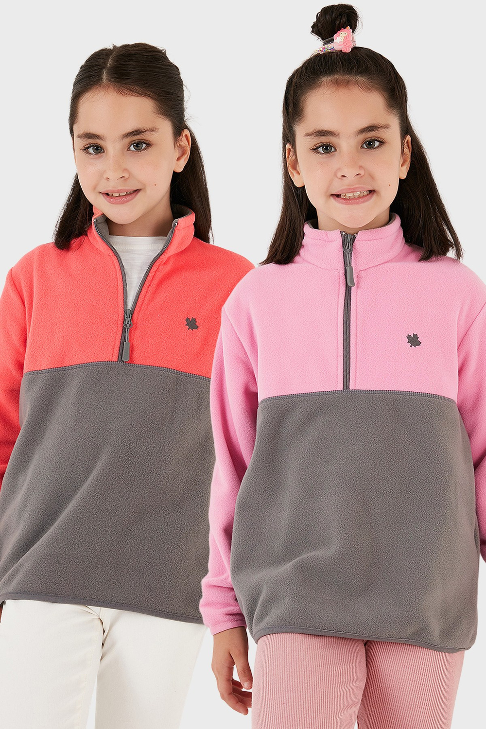 Yumuşak Dokulu Yarım Fermuarlı Renk Bloklu Dik Yaka Unisex Çocuk 2li Paket Polar 5905004S2 Somon Gri-Şeker Pembe Gri