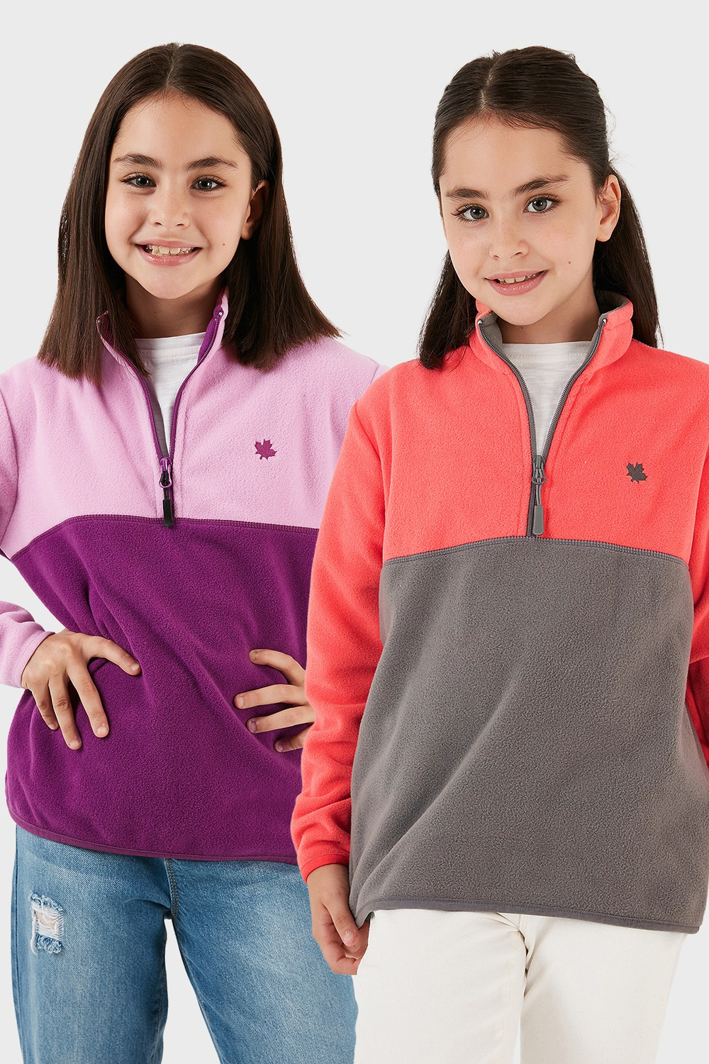 Yumuşak Dokulu Yarım Fermuarlı Renk Bloklu Dik Yaka Unisex Çocuk 2li Paket Polar 5905004S2 Somon Gri-Şeker Pembe Mor
