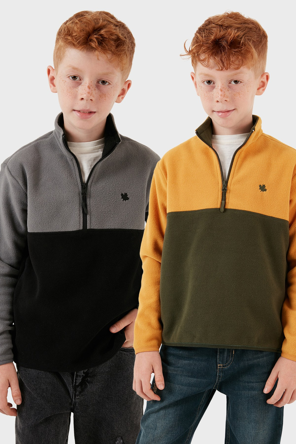 Yumuşak Dokulu Yarım Fermuarlı Renk Bloklu Dik Yaka Unisex Çocuk 2li Paket Polar 5905004S2 Gri Siyah-Hardal Haki