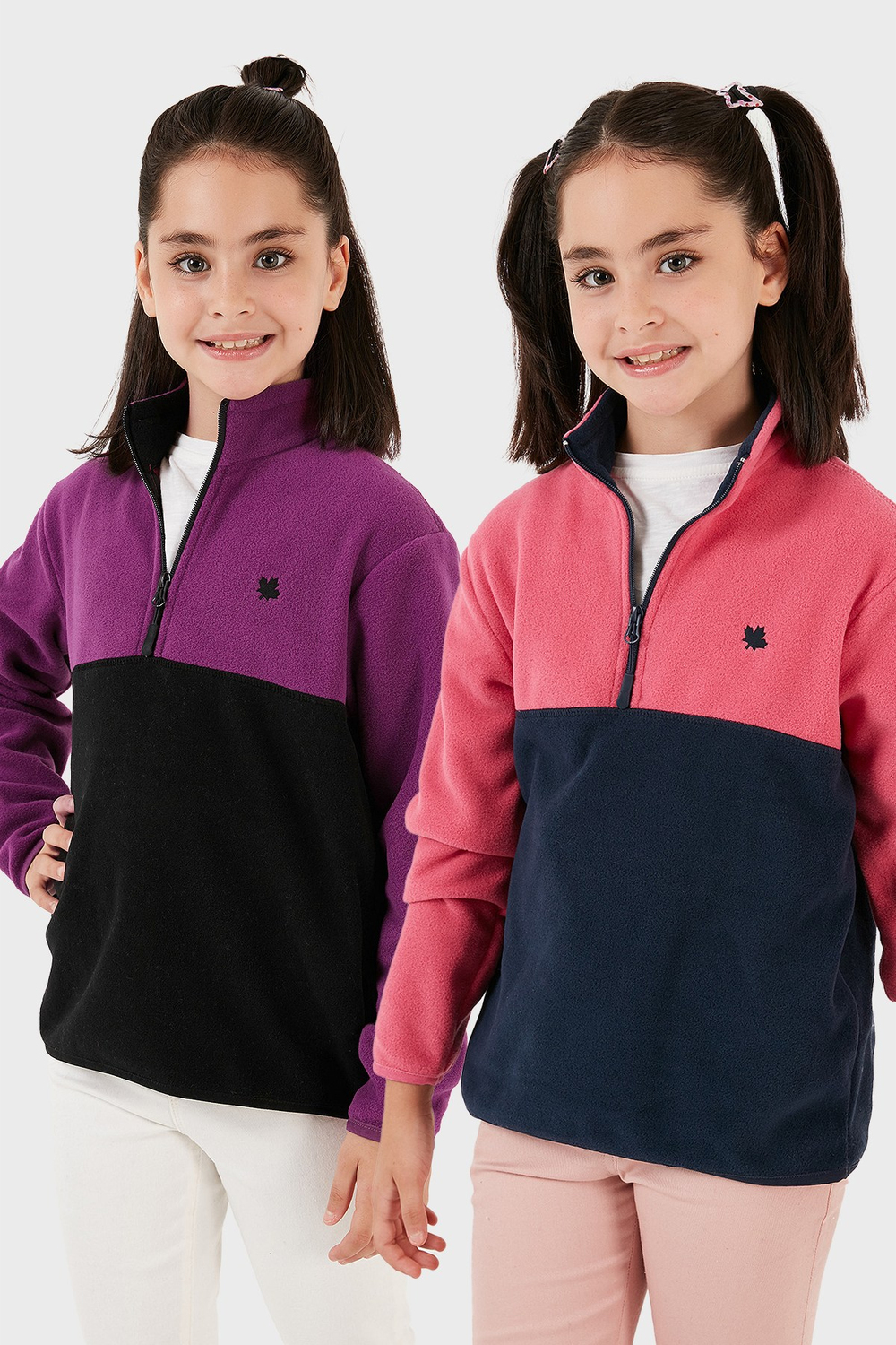 Yumuşak Dokulu Yarım Fermuarlı Renk Bloklu Dik Yaka Unisex Çocuk 2li Paket Polar 5905004S2 Fuşya Lacivert-Mor Siyah