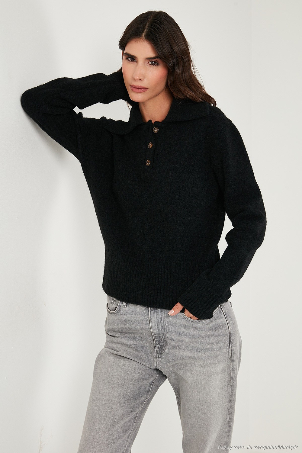 Yün Karışımlı Regular Fit Düğmeli Kadın Polo Yaka Kazak 4617019 SİYAH