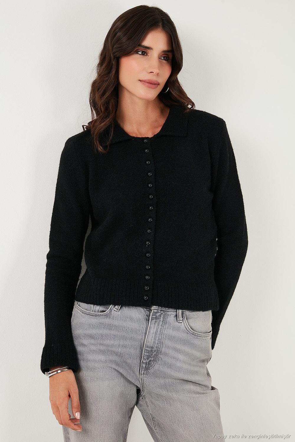 Yün Karışımlı Regular Fit Düğmeli Polo Yaka Kadın Hırka 4617013 SİYAH