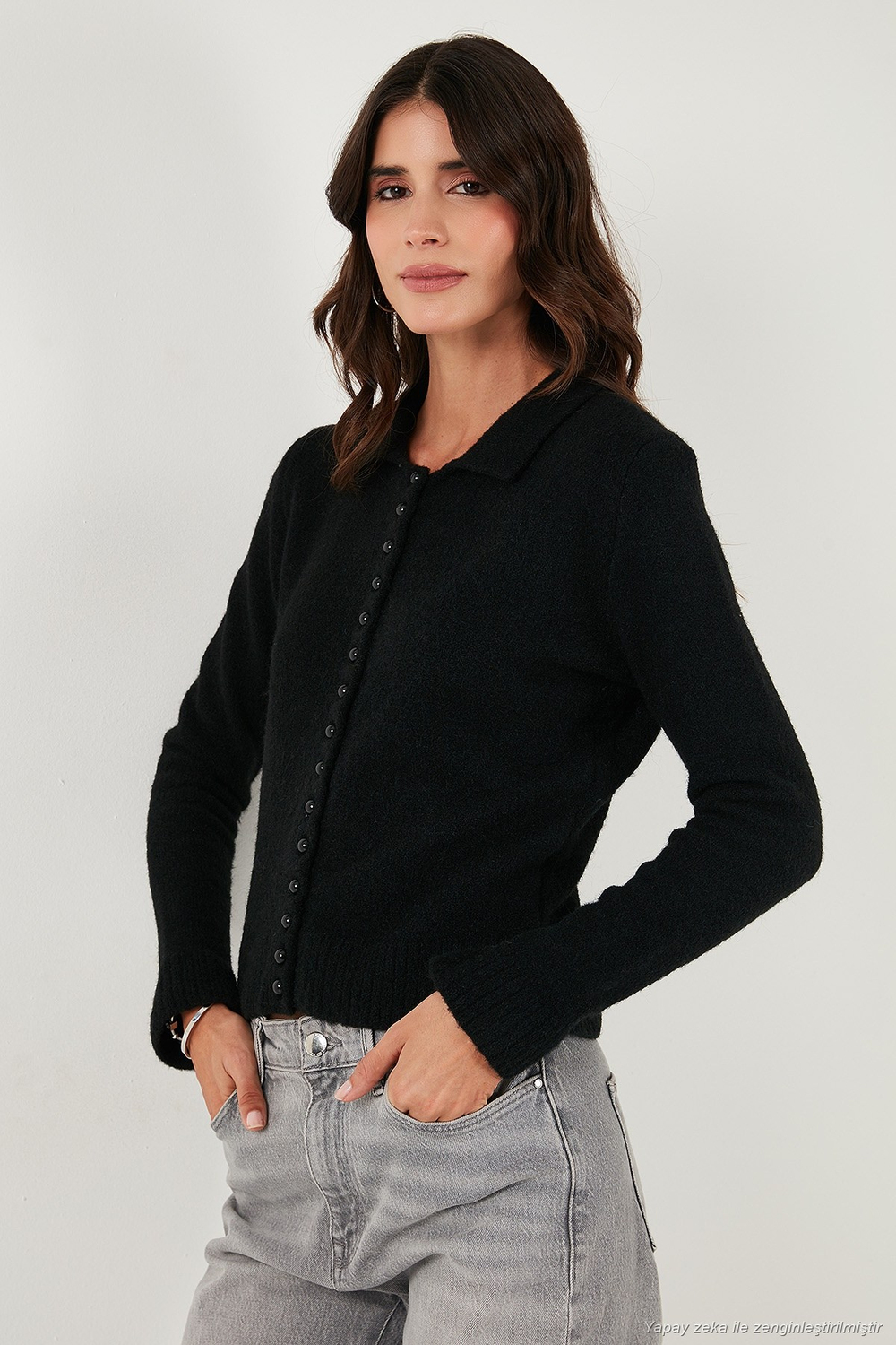 Yün Karışımlı Regular Fit Düğmeli Polo Yaka Kadın Hırka 4617013 SİYAH