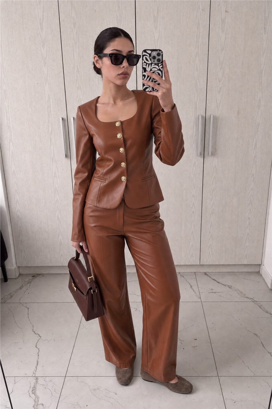 Jane Button Leather Tailored Suit Kahverengi