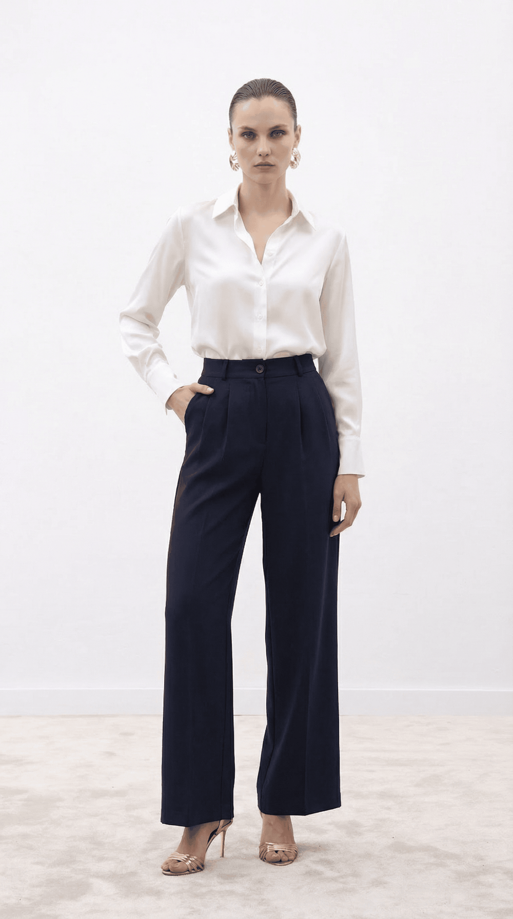 Lacivert Yüksek Bel Pilili Wide Leg/Geniş Paça Dokuma Pantolon 25SWS5924 Palazzo
