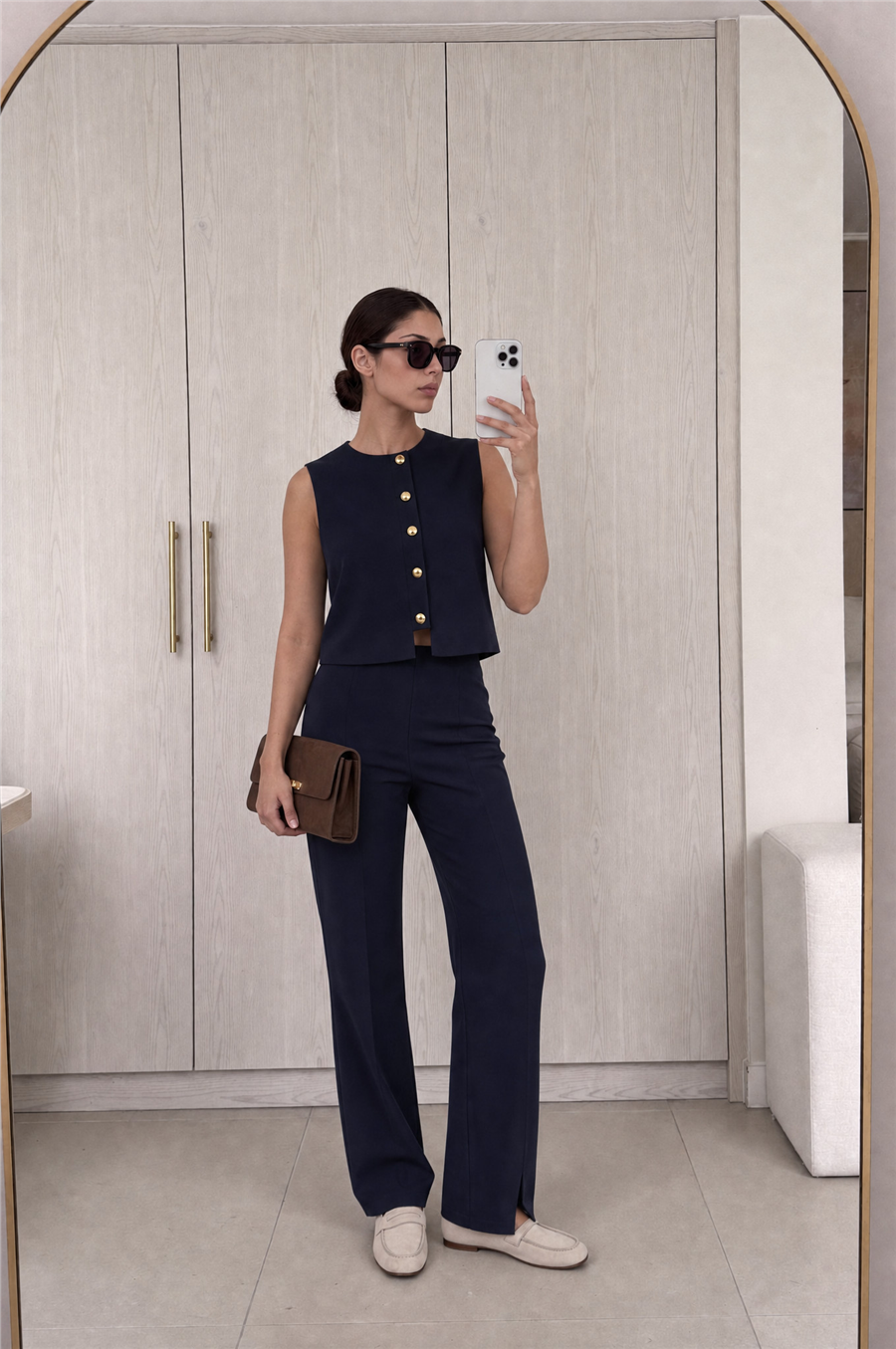 Minimal Gold Düğmeli Yelek Pantolon Takım Lacivert