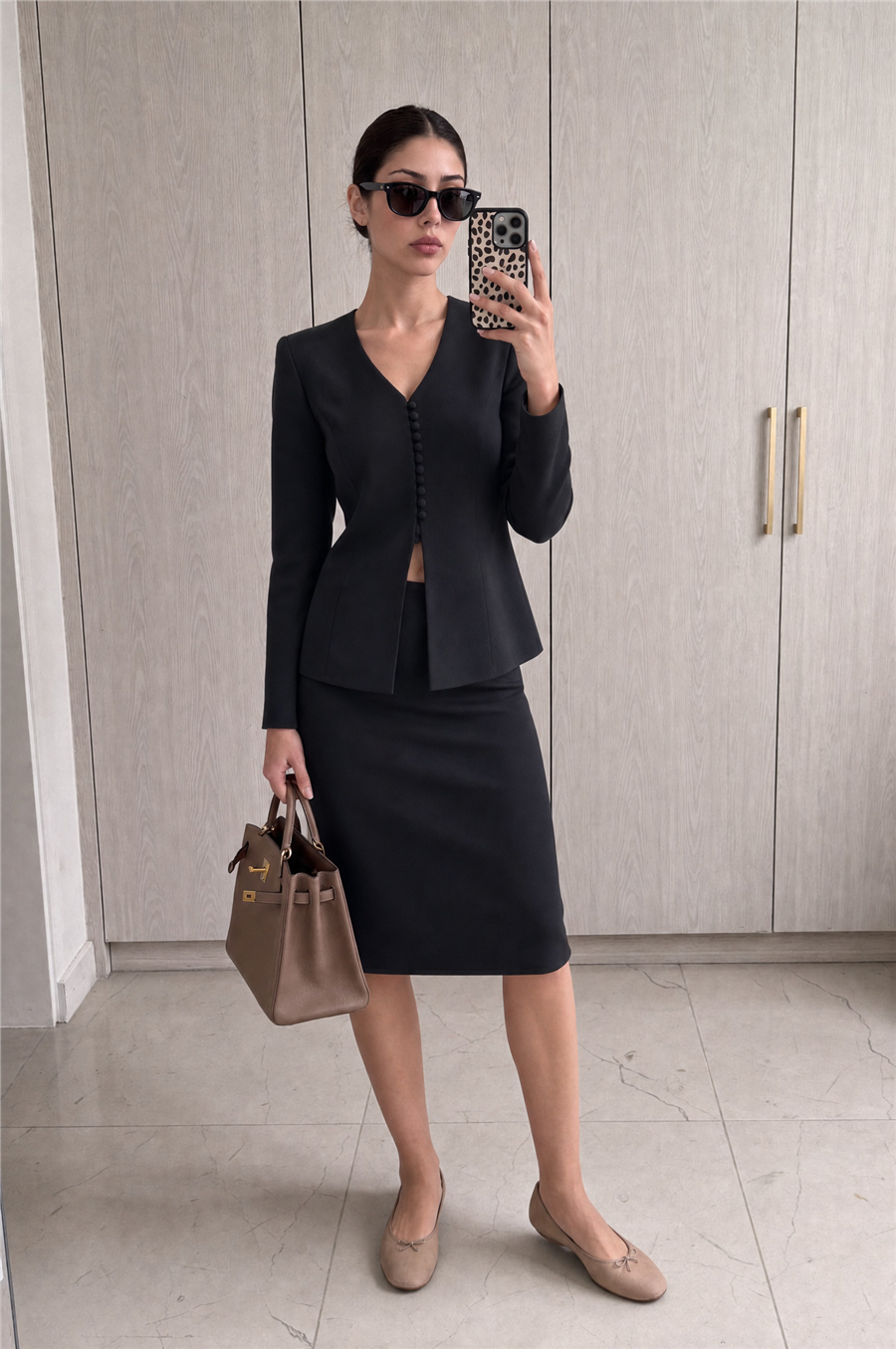 Nicole V Yaka Ceket Midi Etek Takım Siyah
