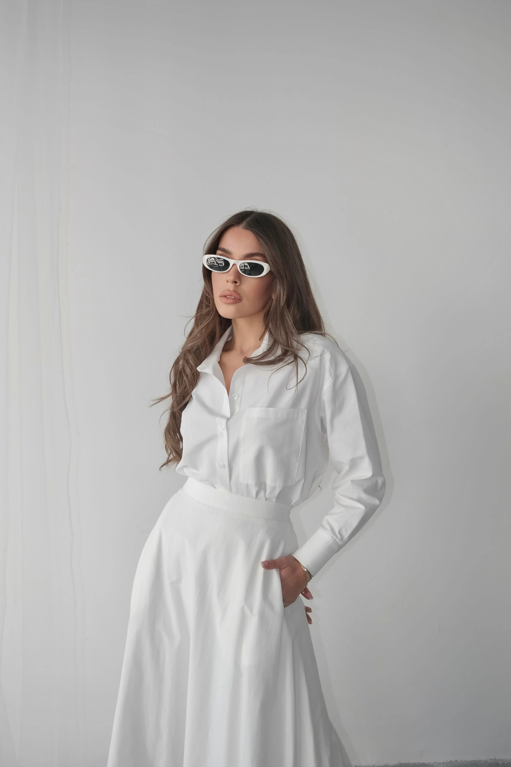 Oversize Düğmeli Kısa Gömlek Beyaz