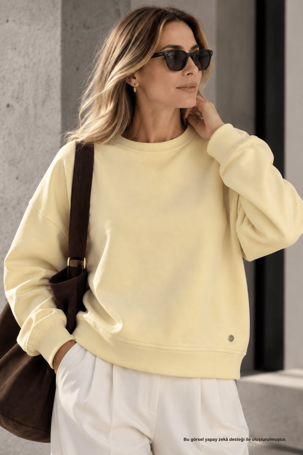 Bisiklet Yaka Oversize Pastel Sarı Sweatshirt - Sweatshirt | Rhen Store