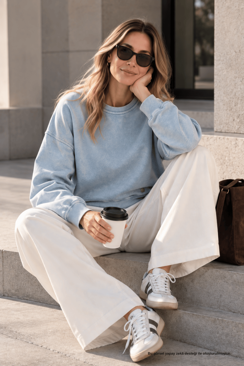 Bisiklet Yaka Oversize Yıkamalı Mavi Sweatshirt - Sweatshirt | Rhen Store