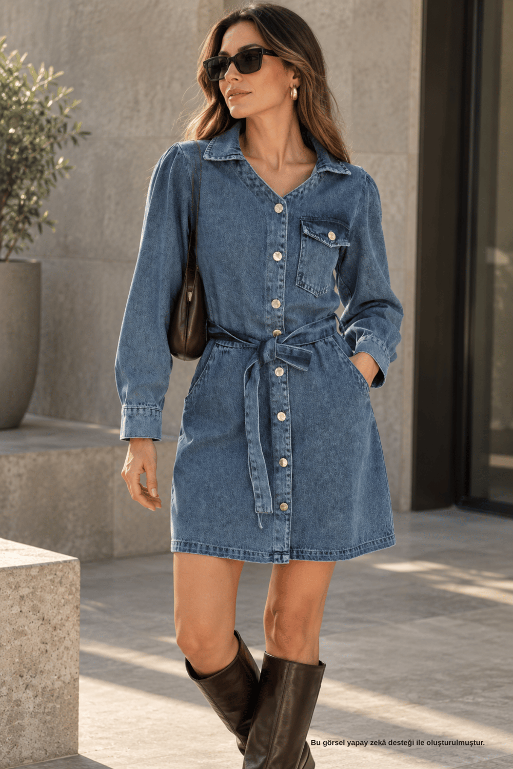 Boydan Düğmeli Kemerli Denim Gömlek Elbise - Elbise | Rhen Store