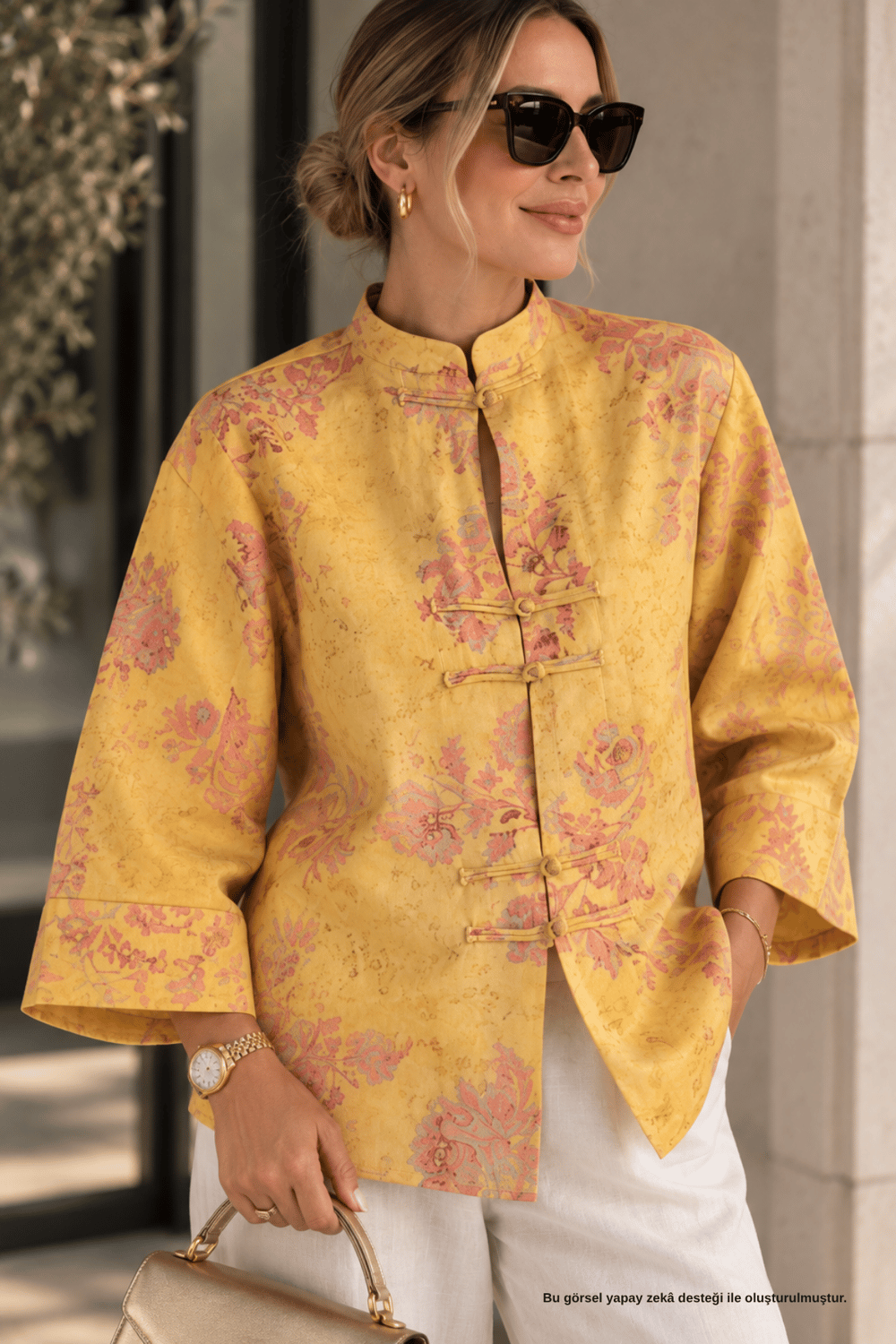 Çiçek Desenli Düğme Detay Mandarin Gömlek - Gömlek | Rhen Store