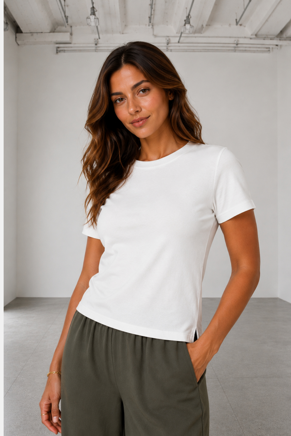 Ekru Bisiklet Yaka Kısa Kollu Basic Tişört - T-Shirt | Rhen Store