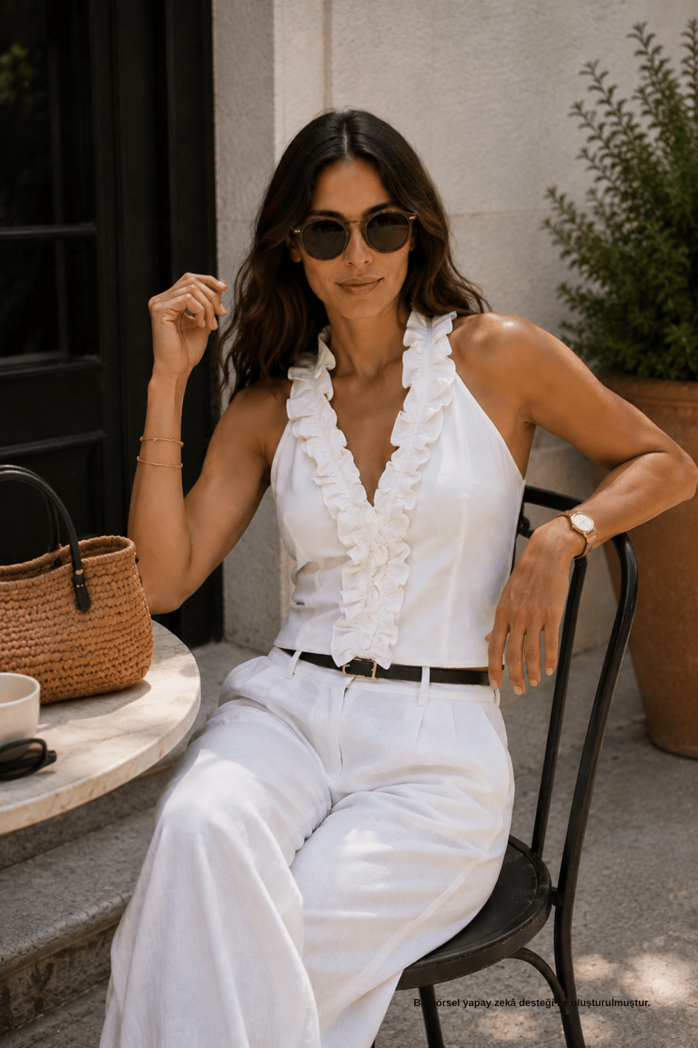 Fırfır Detaylı Beyaz Halter Bluz - Bluz | Rhen Store
