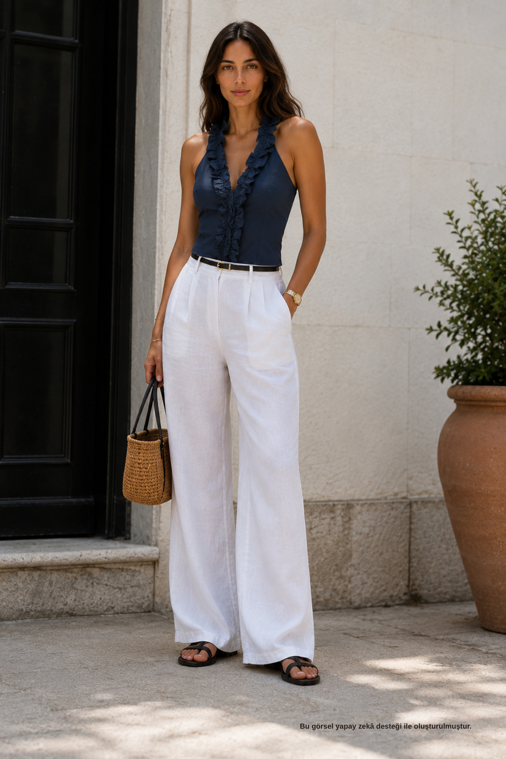 Fırfır Detaylı Lacivert Halter Bluz - Bluz | Rhen Store