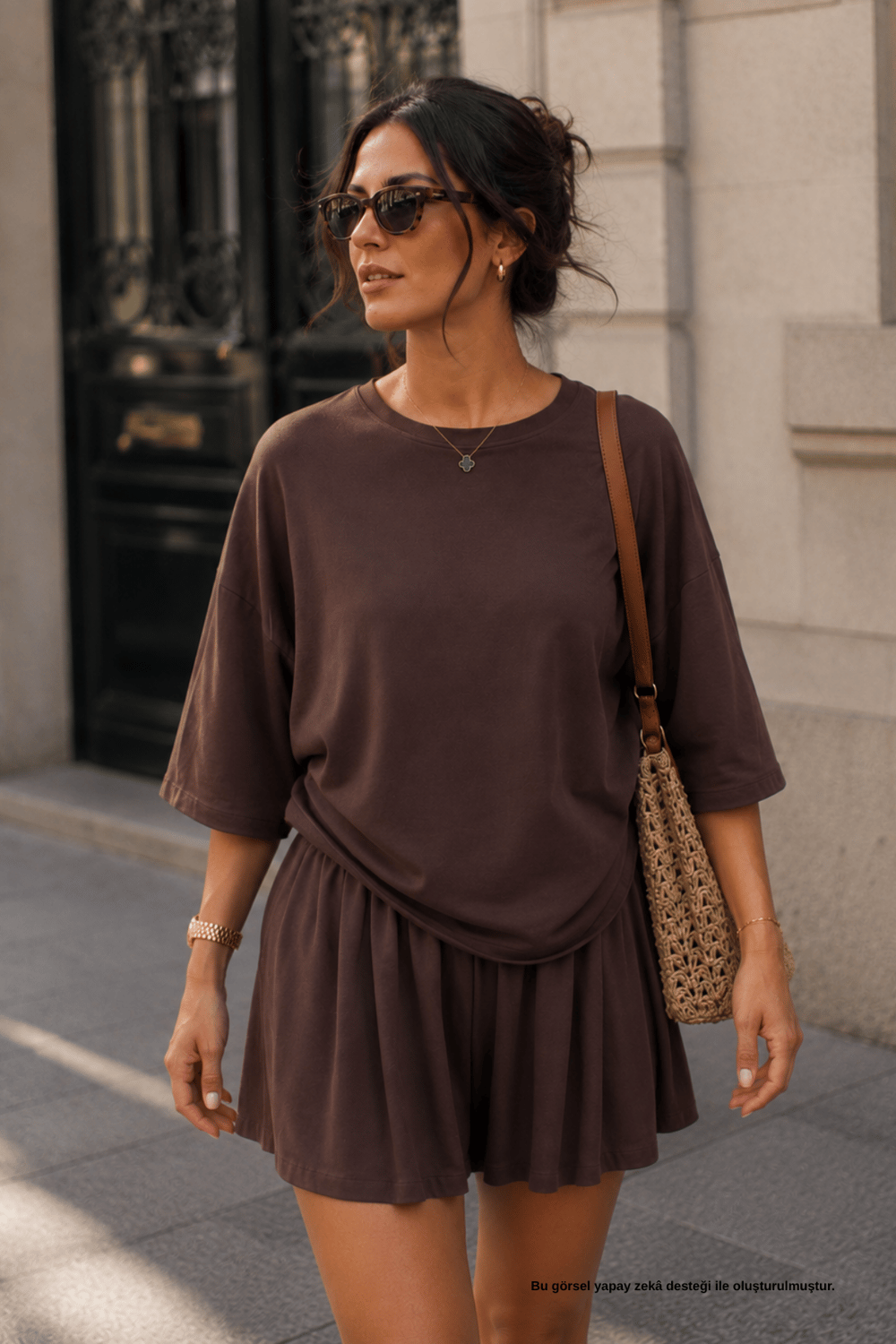 Kahve Oversize Basic Bisiklet Yaka Tshirt - T-Shirt | Rhen Store