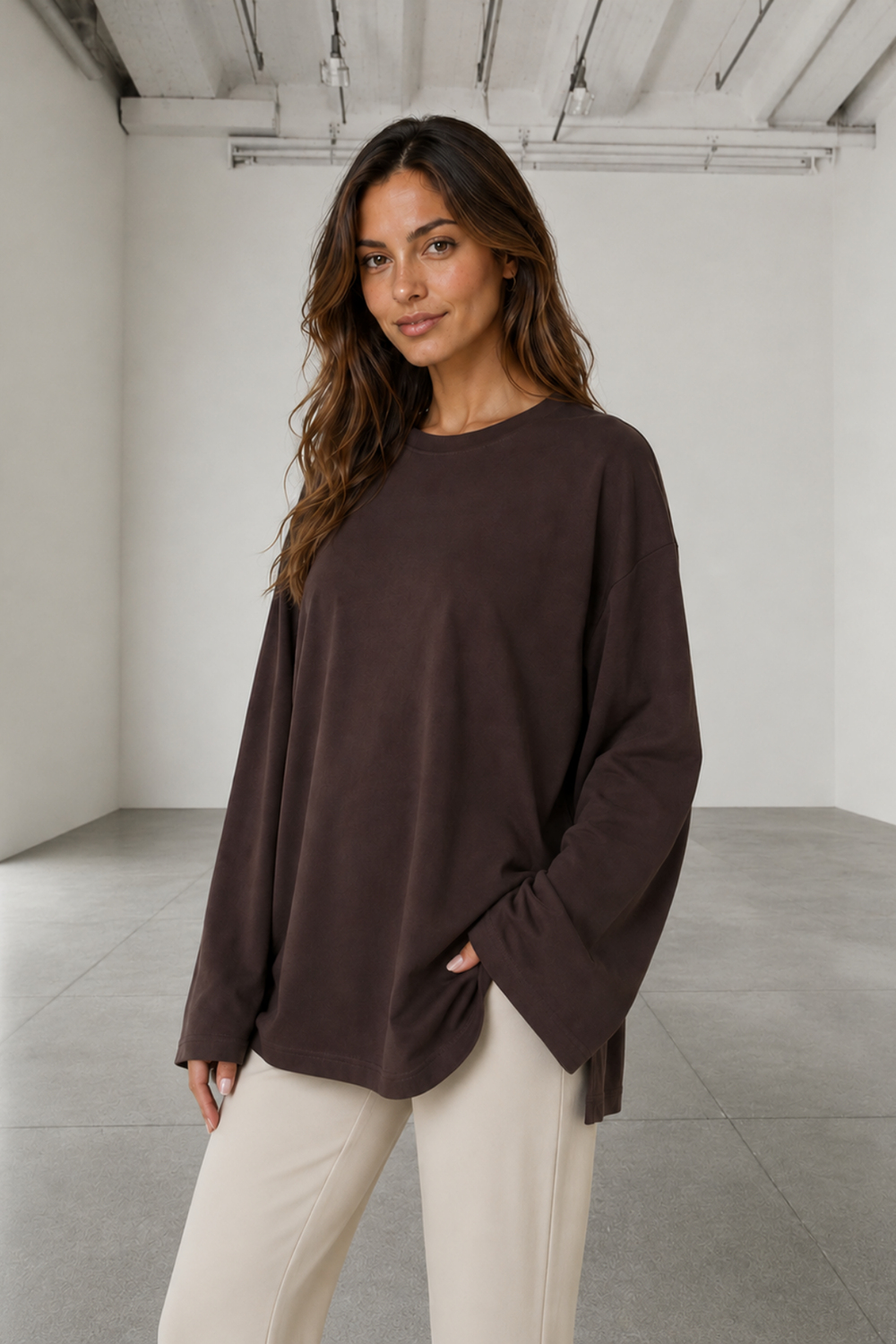 Kahverengi Oversize Bisiklet Yaka Uzun Kollu Basic Sweatshirt - Sweatshirt | Rhen Store