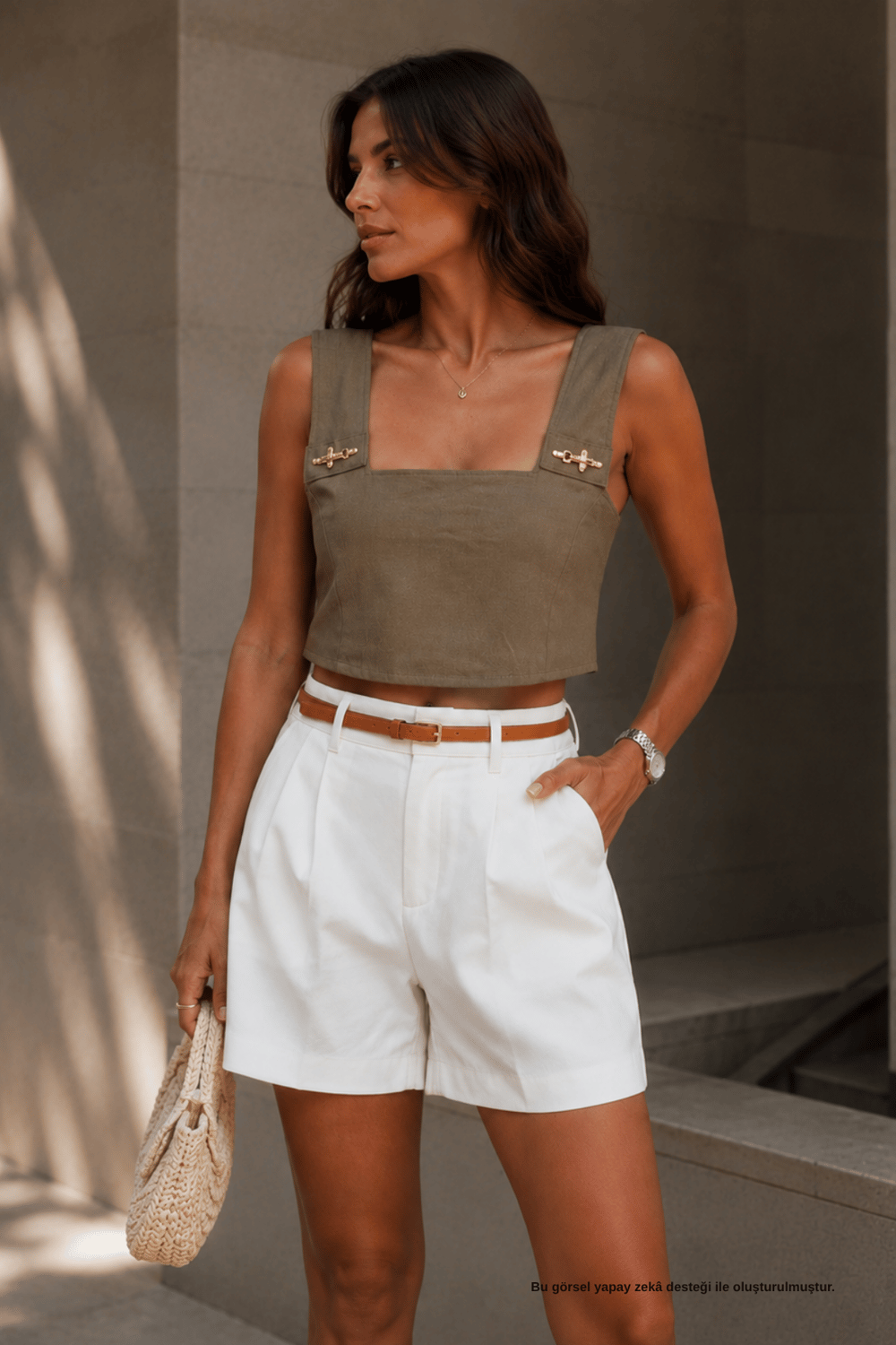 Kare Yaka Gold Tokalı Haki Büstiyer - Crop | Rhen Store