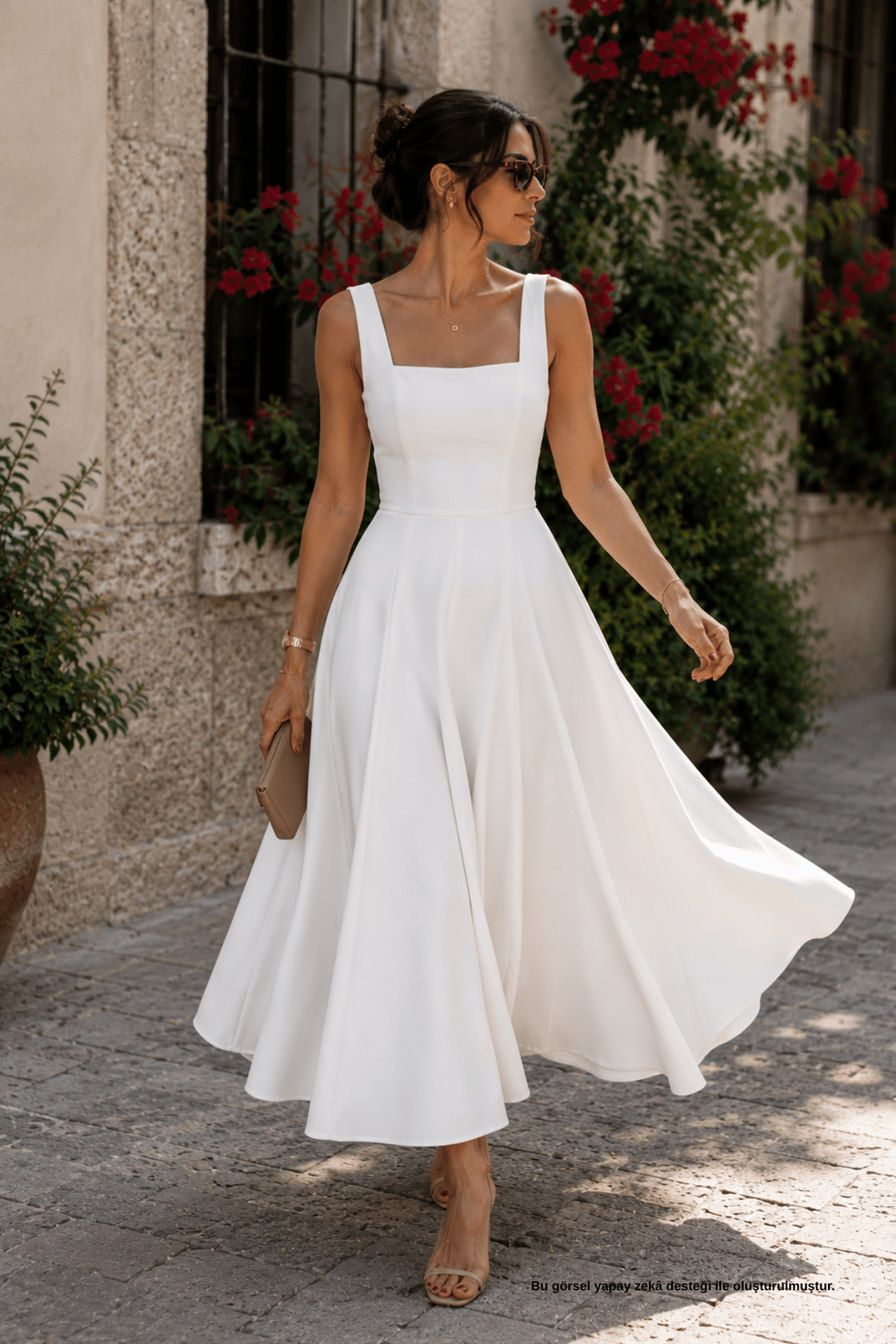 Kare Yaka Kloş Kesim Ekru Midi Elbise - Elbise | Rhen Store
