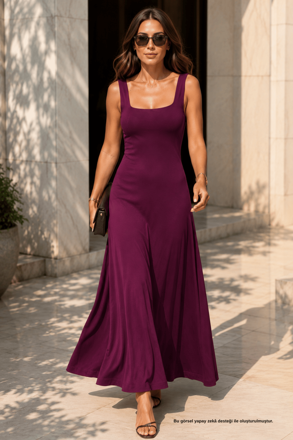 Kare Yaka Maxi Mürdüm Elbise - Elbise | Rhen Store