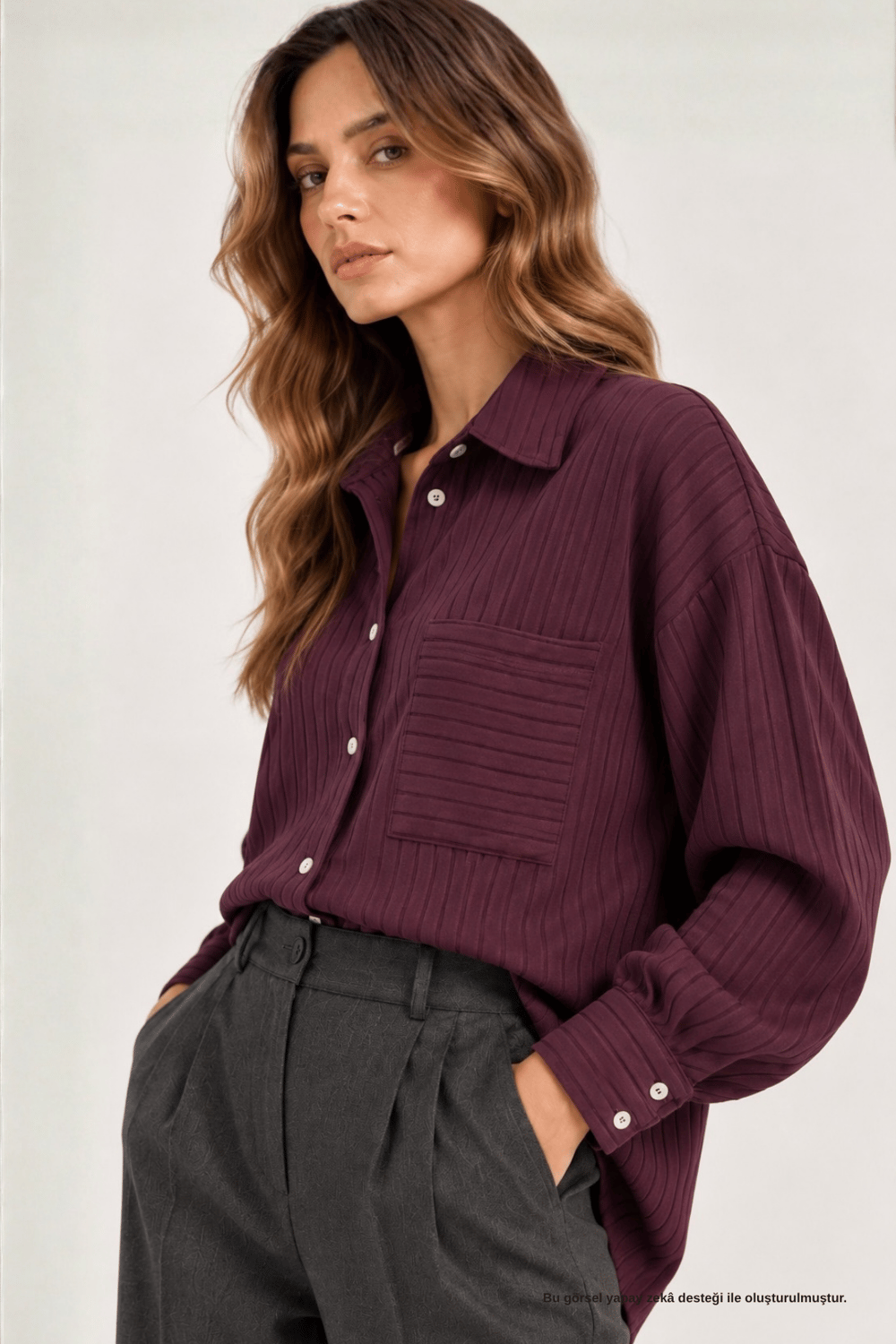 Kendinden Çizgili Cep Detaylı Oversize Mürdüm Gömlek - Gömlek | Rhen Store