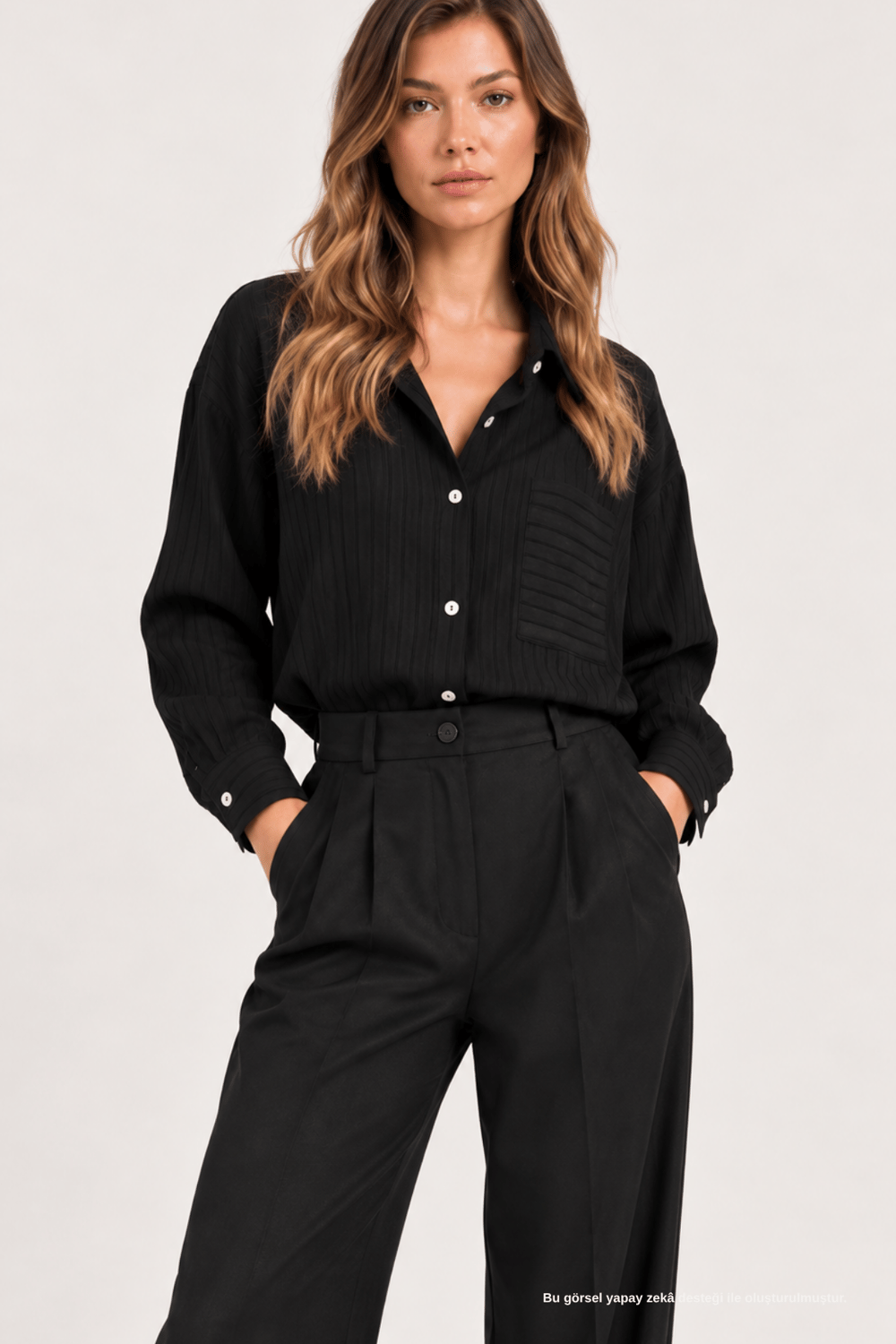 Kendinden Çizgili Cep Detaylı Oversize Siyah Gömlek - Gömlek | Rhen Store
