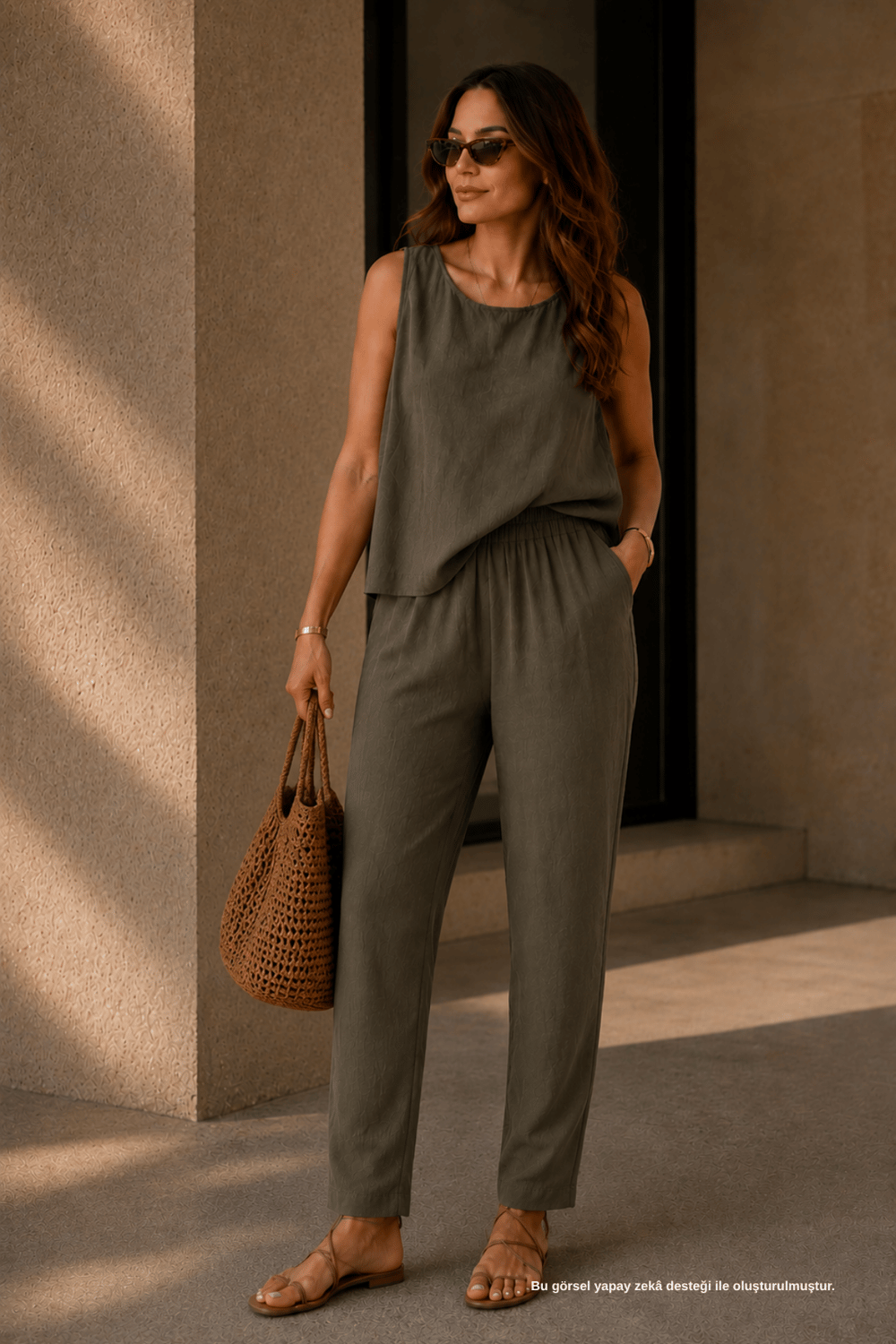 Kolsuz Keten Görünümlü Haki Slouchy Bluz Pantolon Takım - Alt - Üst Takım | Rhen Store