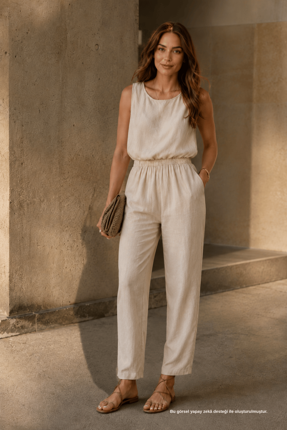 Kolsuz Keten Görünümlü Natural Slouchy Bluz Pantolon Takım - Alt - Üst Takım | Rhen Store