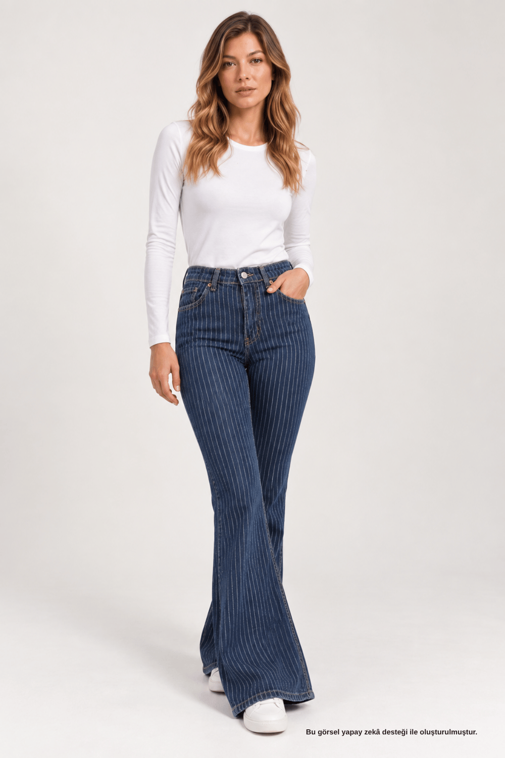 Lacivert Sim Çizgili İspanyol Paça Jean - Jean Pantolon | Rhen Store