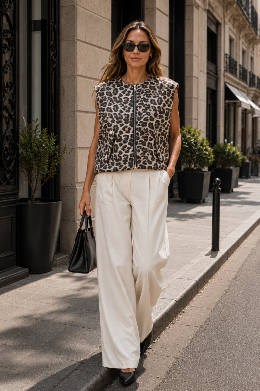 Leopar Fermuarlı Oversize Suni Deri Yelek - Yelek | Rhen Store