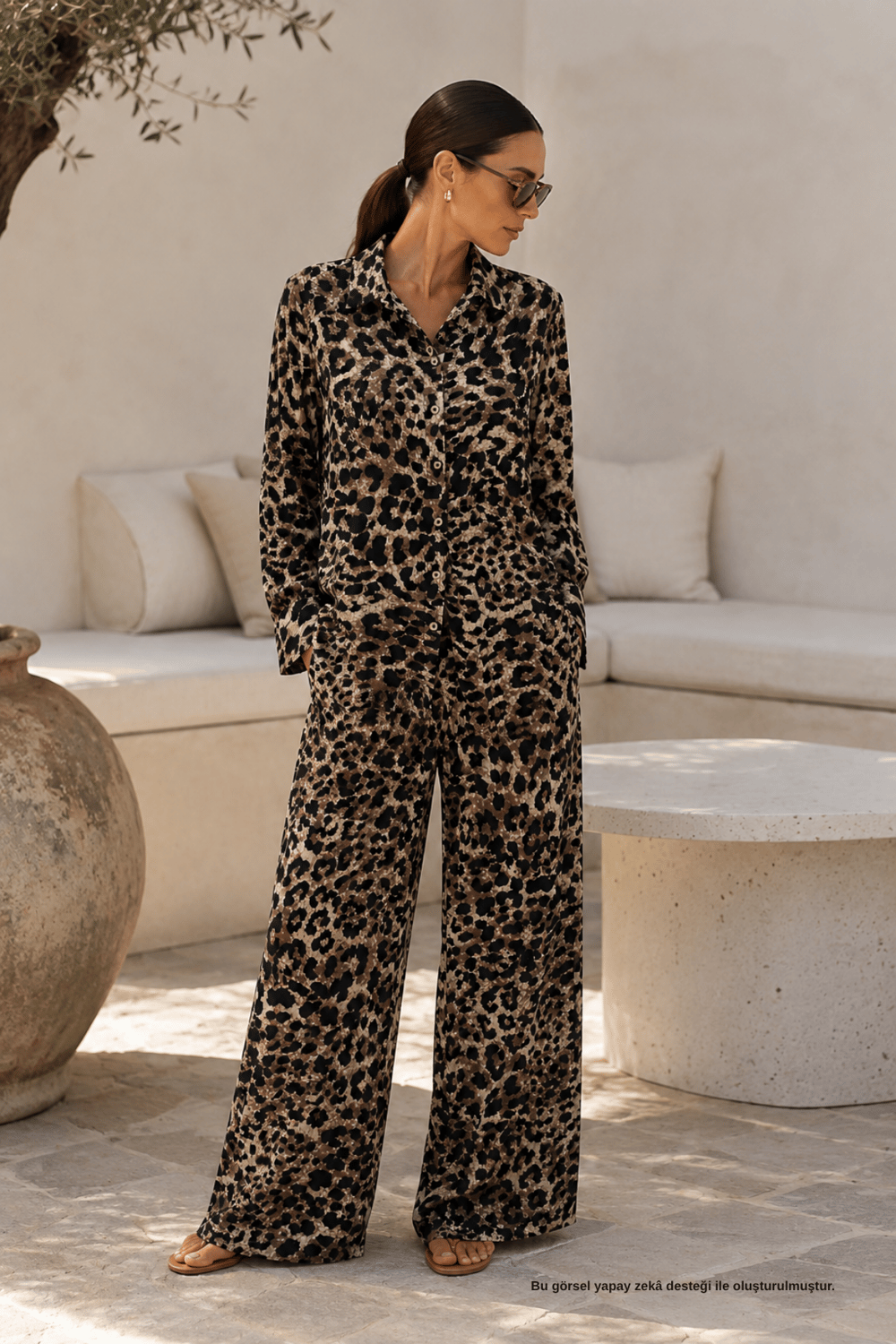Leopar Gömlek Bol Paça Pantolon Takım - Alt - Üst Takım | Rhen Store